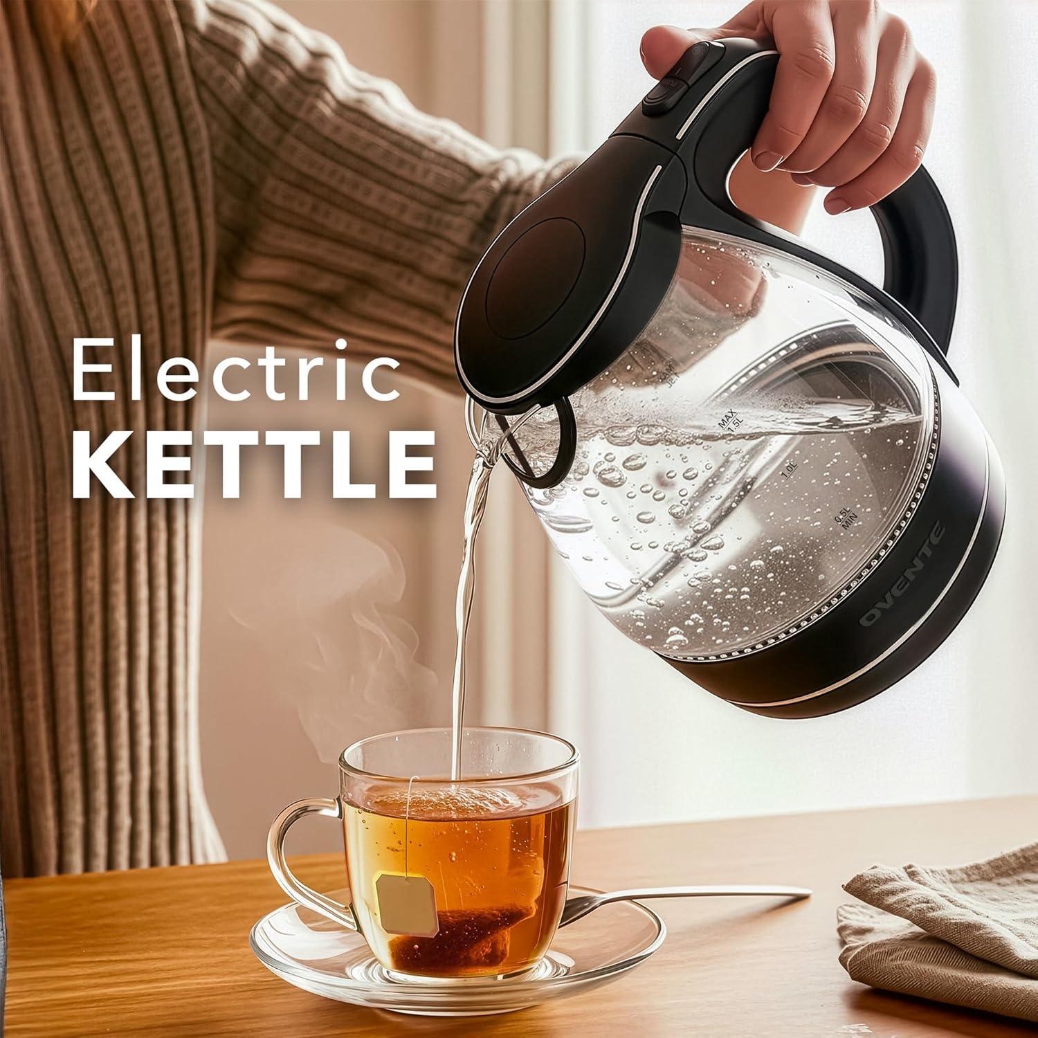 imageOVENTE Electric Kettle 15L Borosilicate Glass Countertop Water Heater and Boiler for Coffee or Tea BPAFree Auto ShutOff BoilDry Protection Removable and Washable Spout Filter Red KG83RBlack