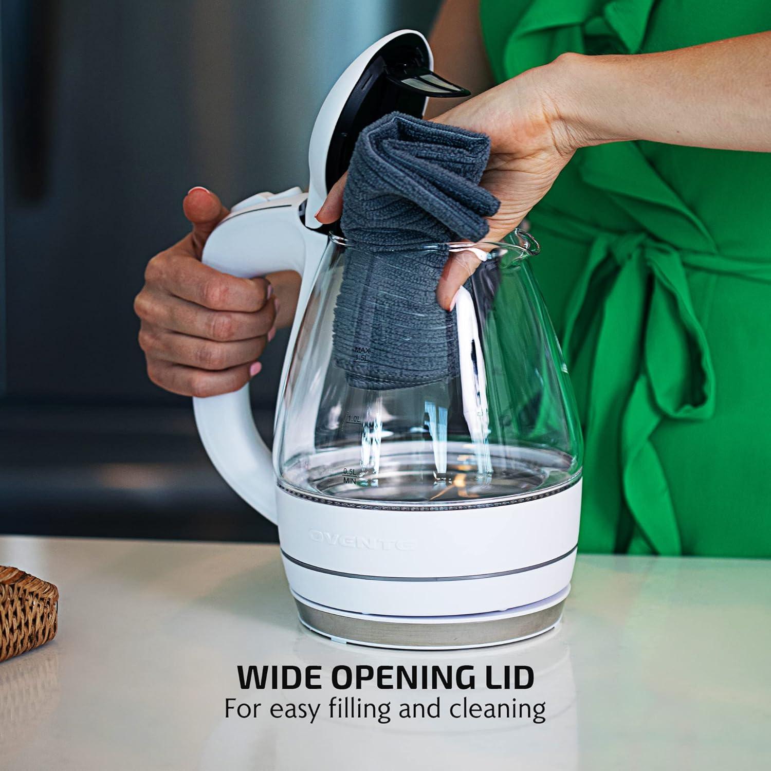 imageOVENTE Electric Kettle 15L Borosilicate Glass Countertop Water Heater and Boiler for Coffee or Tea BPAFree Auto ShutOff BoilDry Protection Removable and Washable Spout Filter Red KG83RWhite