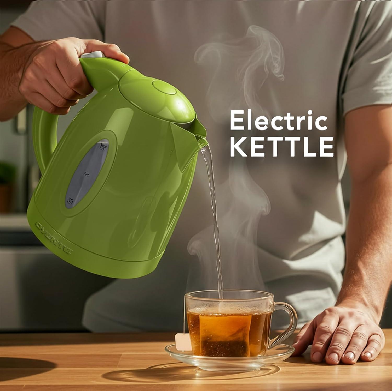 imageOVENTE Electric Kettle 17L Fast Boiling Water Heater for Coffee or Tea BPA Free with Water Level Gauge Auto ShutOff BoilDry Protection Indicator Light and Removable Filter Black KP72BGreen