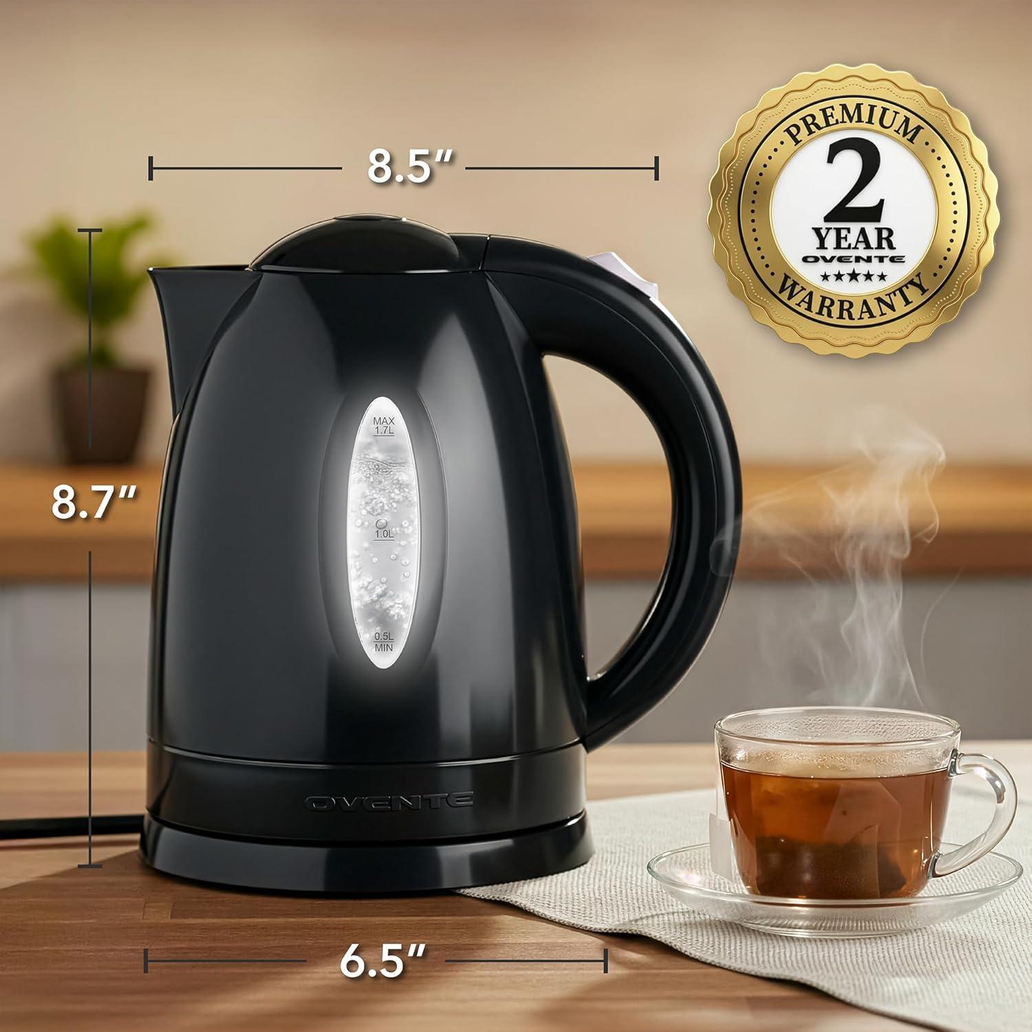 imageOVENTE Electric Kettle 17L Fast Boiling Water Heater for Coffee or Tea BPA Free with Water Level Gauge Auto ShutOff BoilDry Protection Indicator Light and Removable Filter Black KP72BBlack