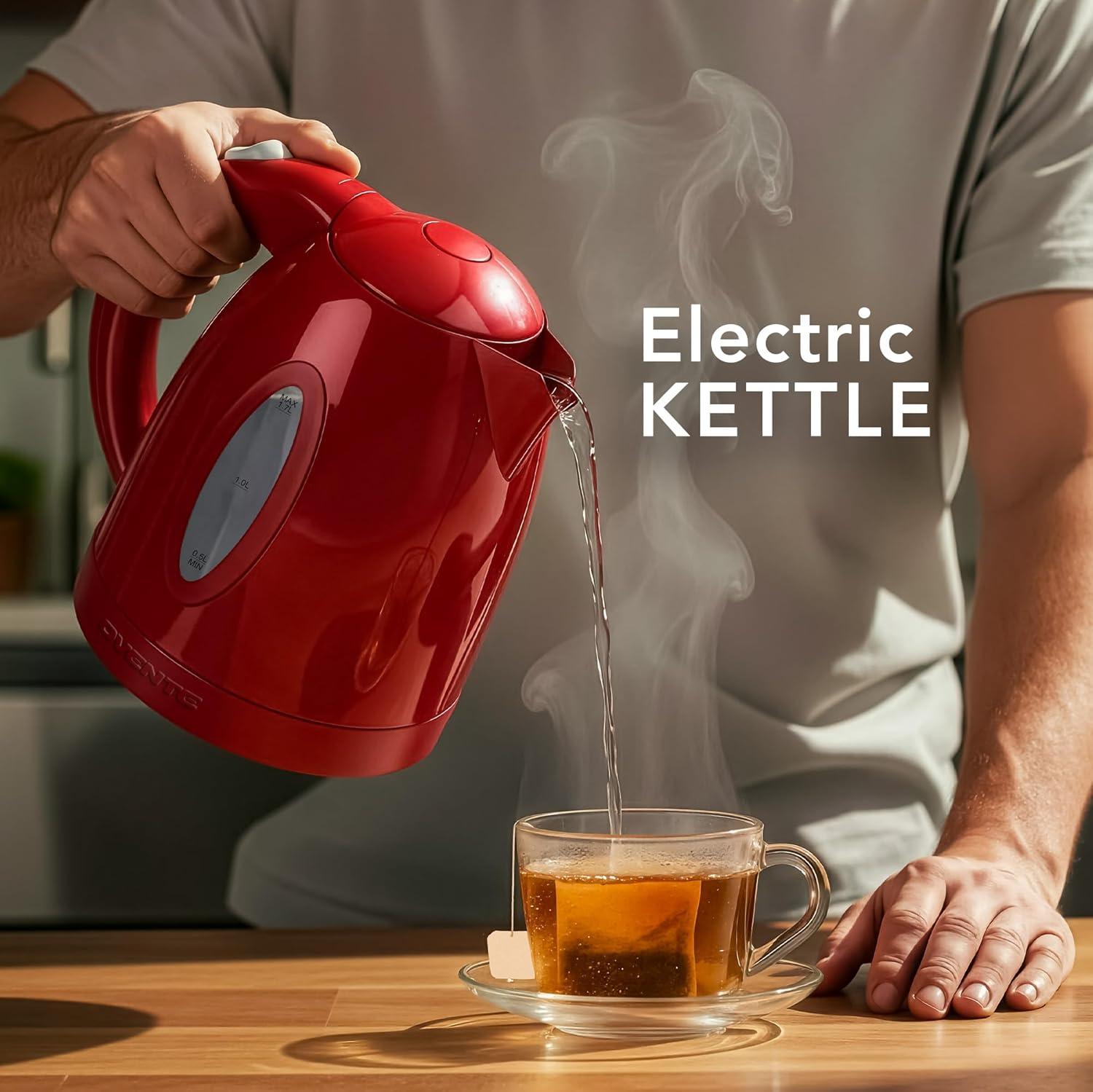 imageOVENTE Electric Kettle 17L Fast Boiling Water Heater for Coffee or Tea BPA Free with Water Level Gauge Auto ShutOff BoilDry Protection Indicator Light and Removable Filter Black KP72BRed