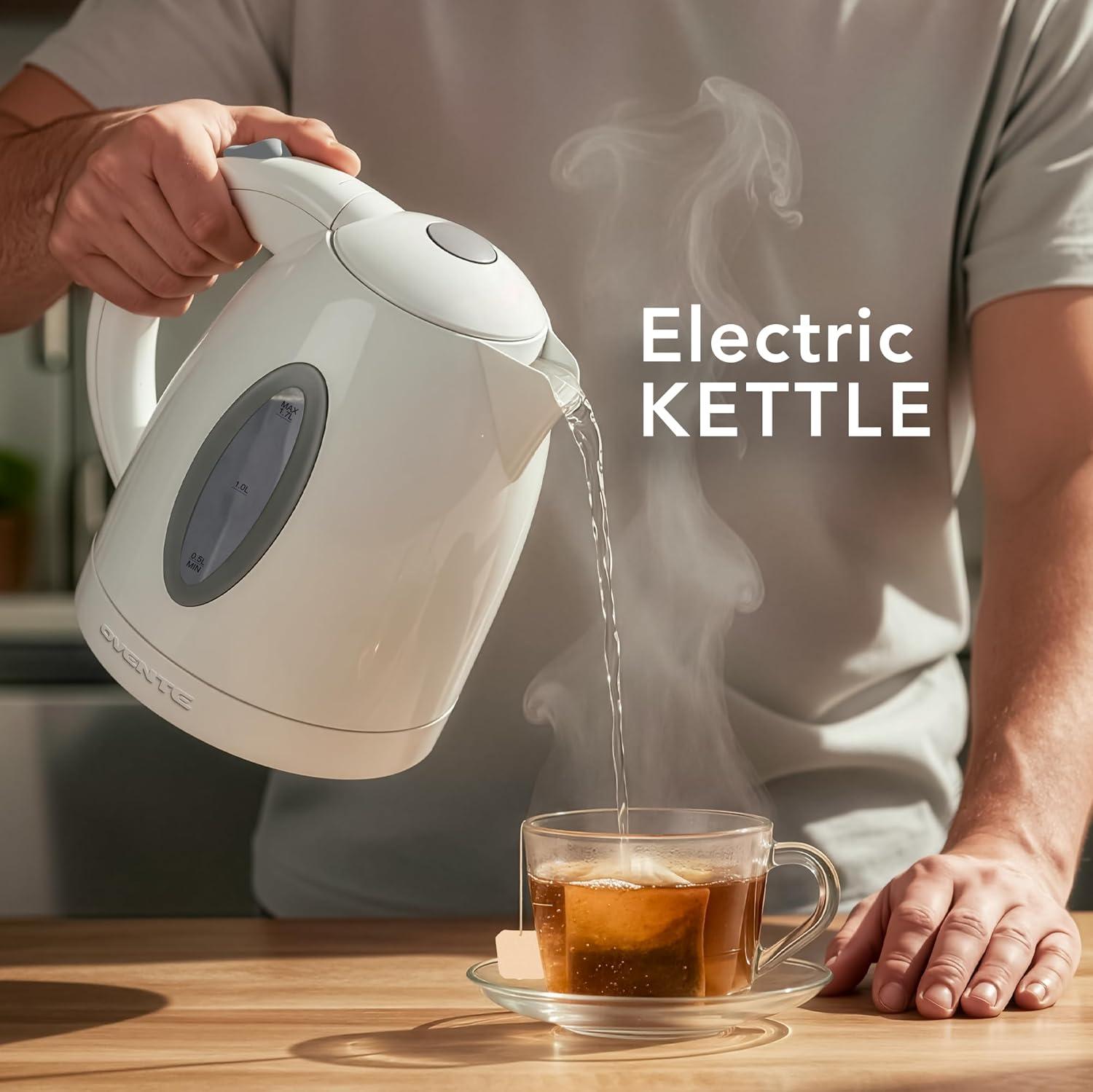 imageOVENTE Electric Kettle 17L Fast Boiling Water Heater for Coffee or Tea BPA Free with Water Level Gauge Auto ShutOff BoilDry Protection Indicator Light and Removable Filter Black KP72BWhite