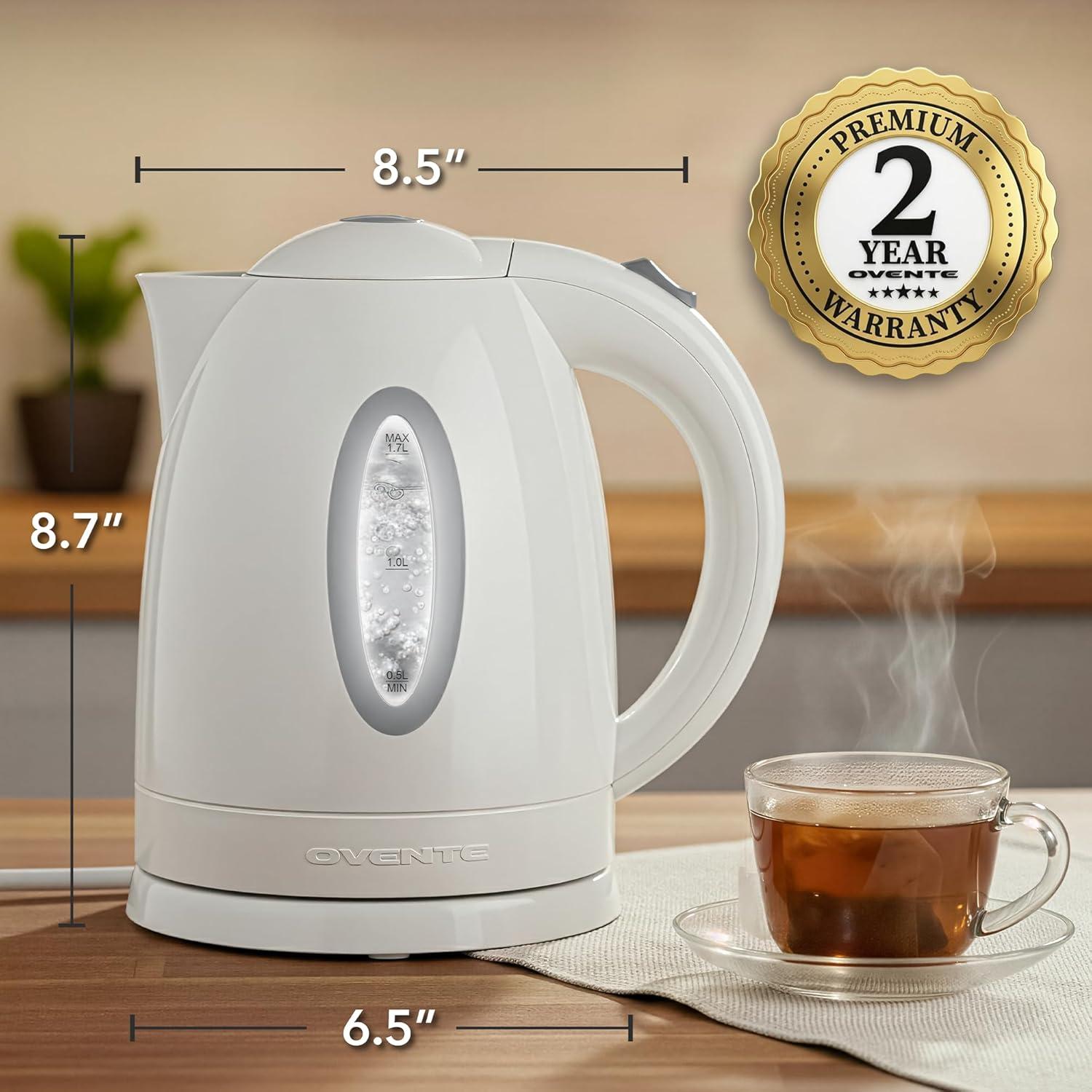 imageOVENTE Electric Kettle 17L Fast Boiling Water Heater for Coffee or Tea BPA Free with Water Level Gauge Auto ShutOff BoilDry Protection Indicator Light and Removable Filter Black KP72BWhite