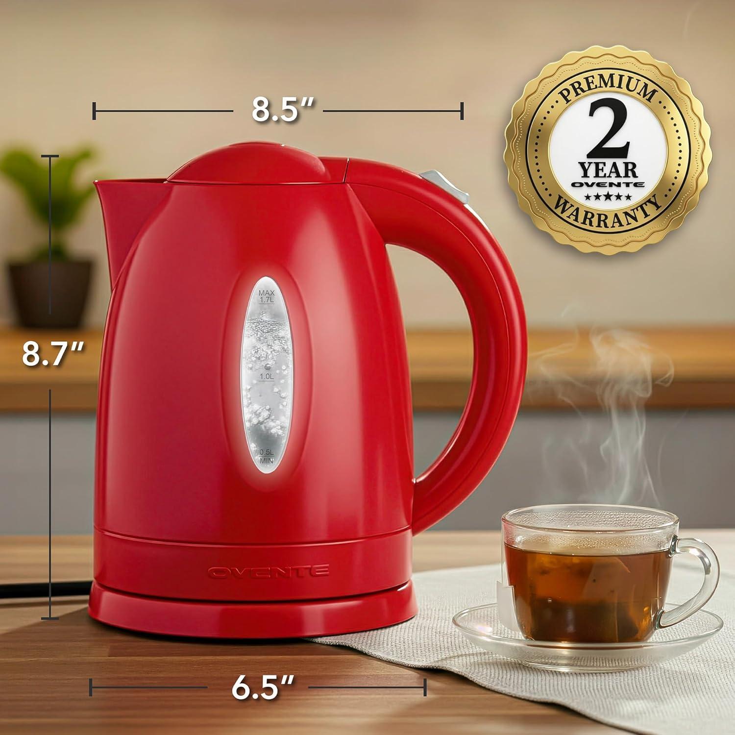 imageOVENTE Electric Kettle 17L Fast Boiling Water Heater for Coffee or Tea BPA Free with Water Level Gauge Auto ShutOff BoilDry Protection Indicator Light and Removable Filter Black KP72BRed