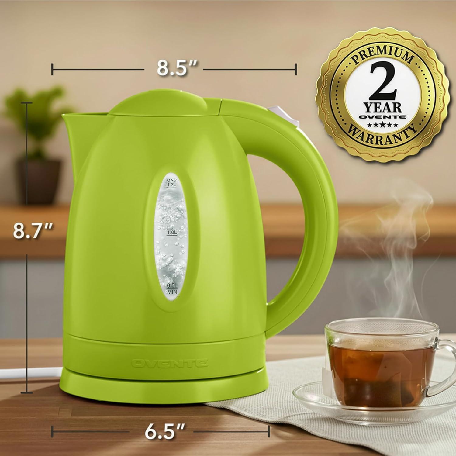 imageOVENTE Electric Kettle 17L Fast Boiling Water Heater for Coffee or Tea BPA Free with Water Level Gauge Auto ShutOff BoilDry Protection Indicator Light and Removable Filter Black KP72BGreen