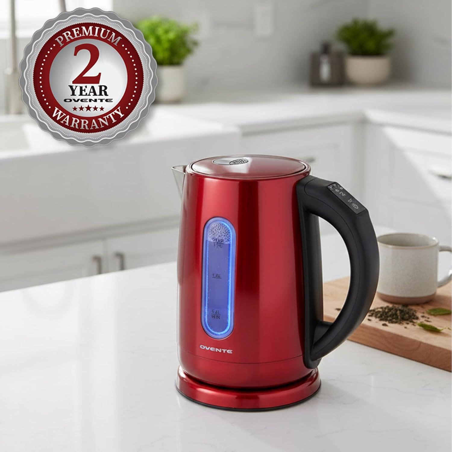 imageOVENTE Electric Kettle 17L Stainless Steel Water Boiler and Heater with 1100W Power Temperature Control Keep Warm Function Auto ShutOff BoilDry Protection and Cordless Serving Red KS58RRed