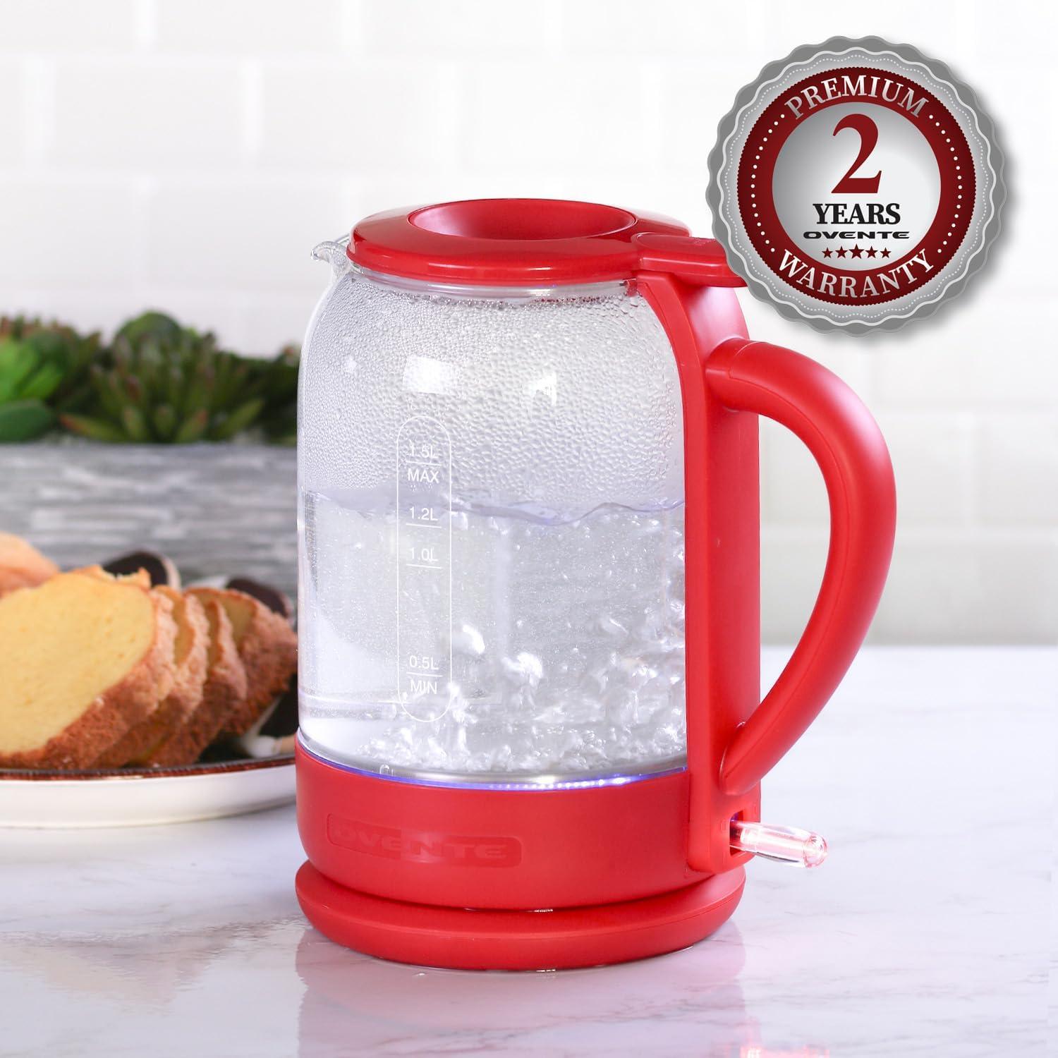 imageOVENTE Electric Kettle with 15L Borosilicate Glass 1500W Fast Boiling Water Heater for Coffee or Tea Easy to Fill Lid Auto ShutOff BoilDry Protection amp Stainless Steel Filter Red KG516RRed
