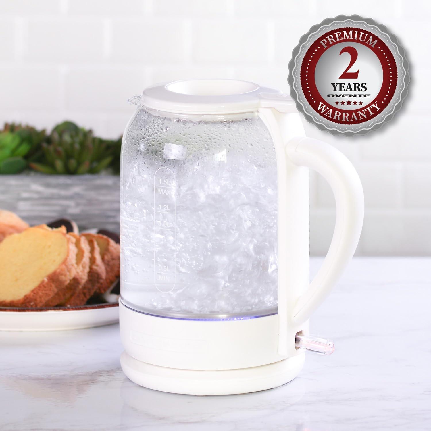 imageOVENTE Electric Kettle with 15L Borosilicate Glass 1500W Fast Boiling Water Heater for Coffee or Tea Easy to Fill Lid Auto ShutOff BoilDry Protection amp Stainless Steel Filter Red KG516RWhite