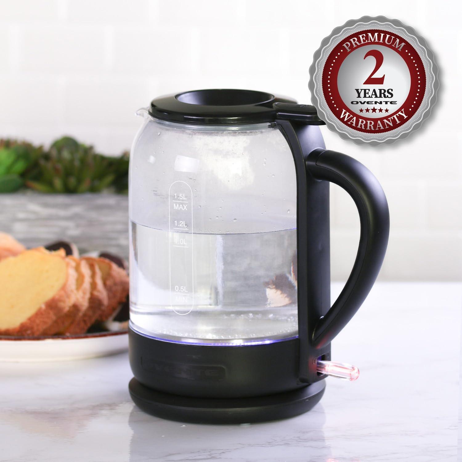 imageOVENTE Electric Kettle with 15L Borosilicate Glass 1500W Fast Boiling Water Heater for Coffee or Tea Easy to Fill Lid Auto ShutOff BoilDry Protection amp Stainless Steel Filter Red KG516RBlack