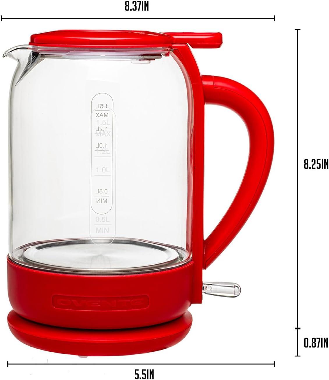 imageOVENTE Electric Kettle with 15L Borosilicate Glass 1500W Fast Boiling Water Heater for Coffee or Tea Easy to Fill Lid Auto ShutOff BoilDry Protection amp Stainless Steel Filter Red KG516RRed
