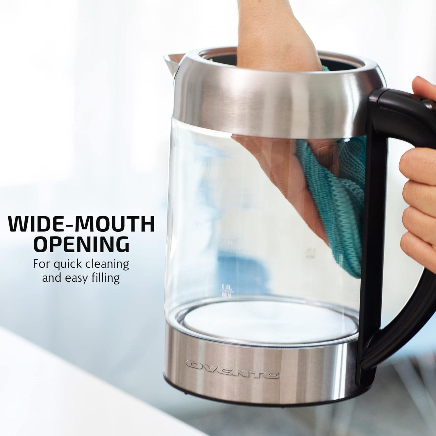 imageOVENTE Electric Kettle with 17L Borosilicate Glass 1500W Instant Water Boiler and Heater for Coffee or Tea BPA Free Easy to Fill Lid Auto ShutOff and Boil Dry Protection Silver KG612SSilver