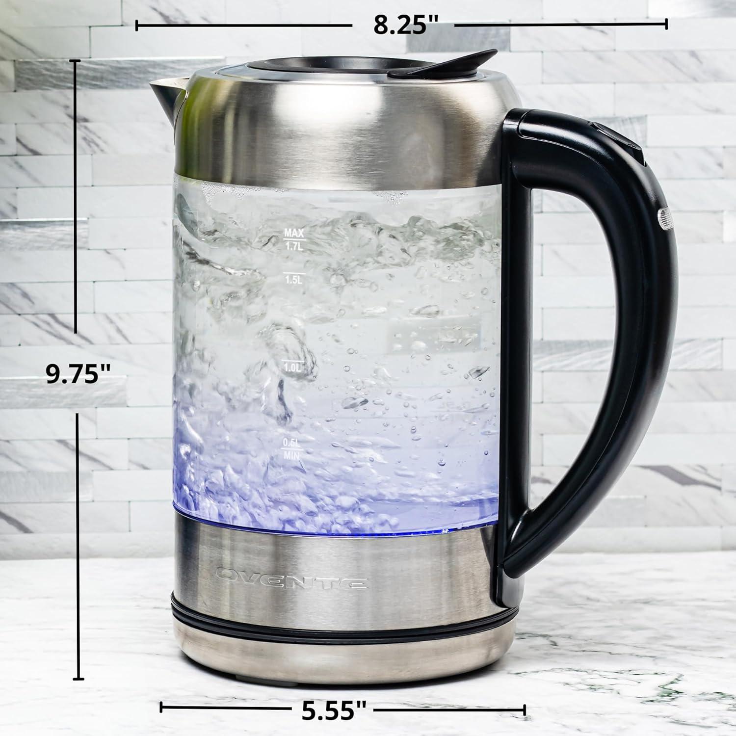 imageOVENTE Electric Kettle with 17L Borosilicate Glass 1500W Instant Water Boiler and Heater for Coffee or Tea BPA Free Easy to Fill Lid Auto ShutOff and Boil Dry Protection Silver KG612S17L Silver