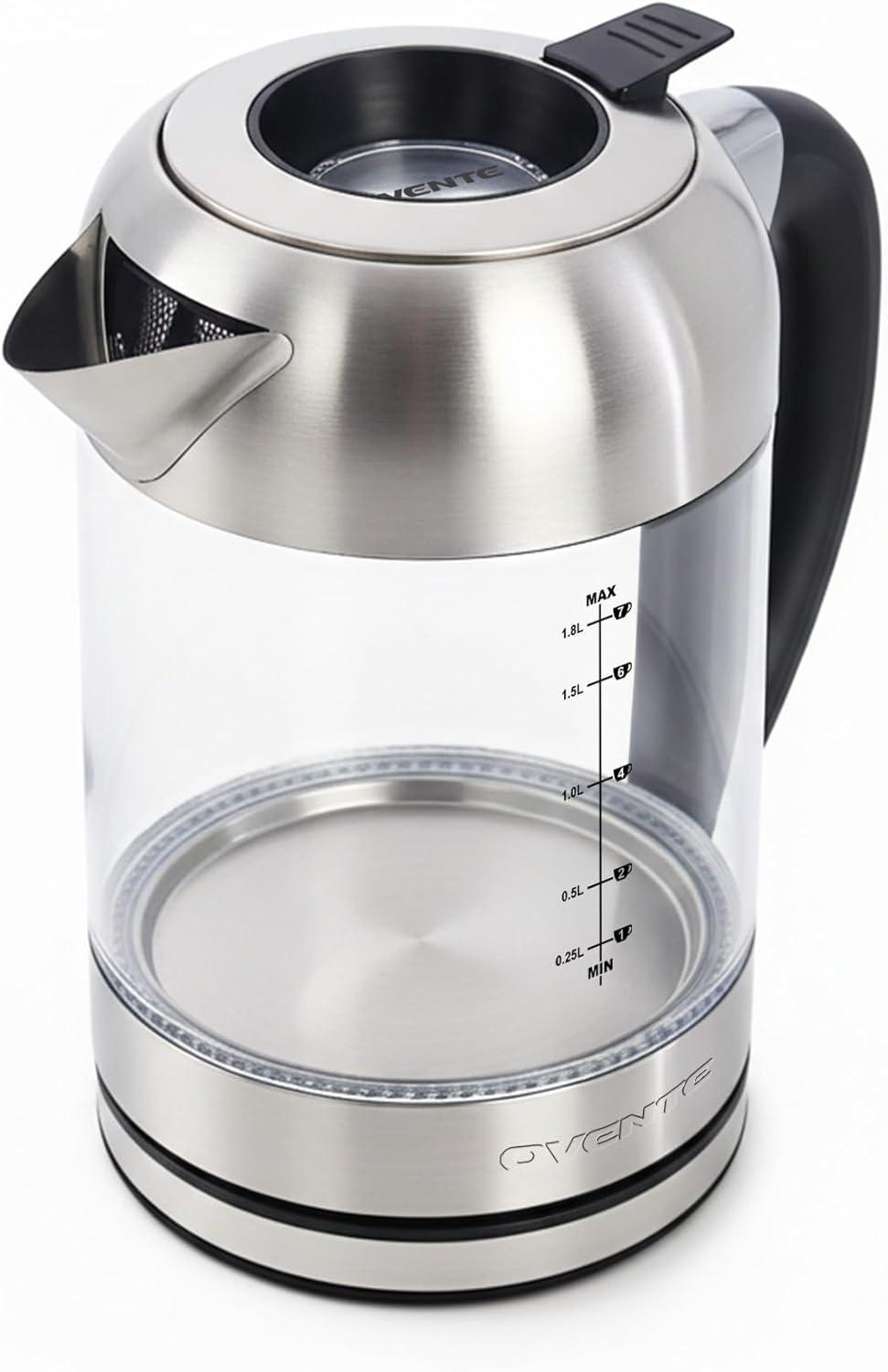 imageOVENTE Electric Kettle with 17L Borosilicate Glass 1500W Instant Water Boiler and Heater for Coffee or Tea BPA Free Easy to Fill Lid Auto ShutOff and Boil Dry Protection Silver KG612S18L Silver