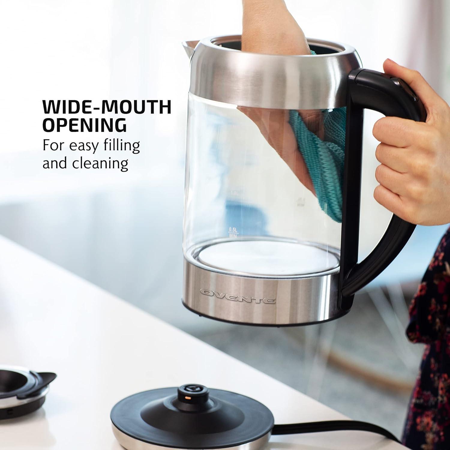 imageOVENTE Electric Kettle with 17L Borosilicate Glass 1500W Instant Water Boiler and Heater for Coffee or Tea BPA Free Easy to Fill Lid Auto ShutOff and Boil Dry Protection Silver KG612S17L Silver