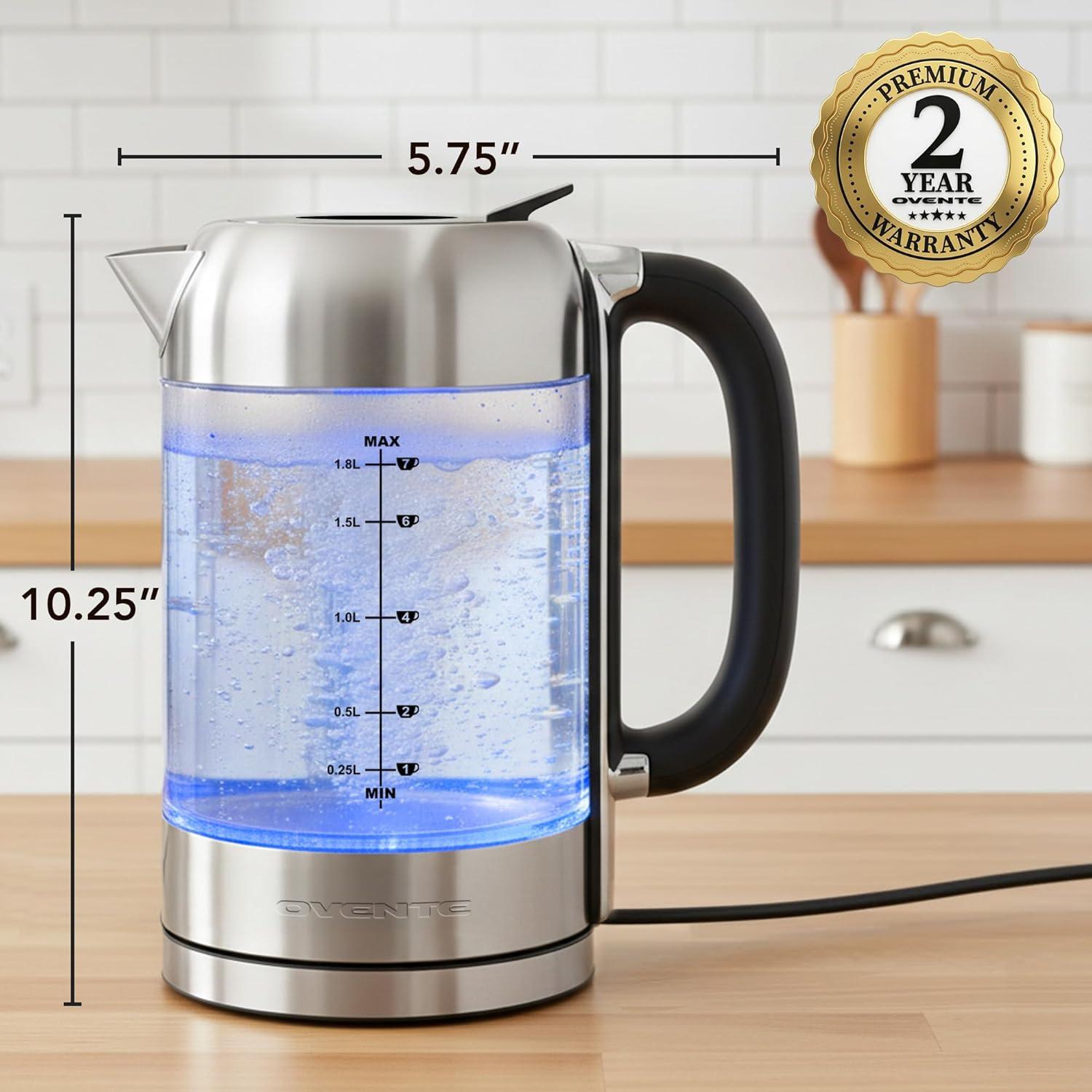 imageOVENTE Electric Kettle with 17L Borosilicate Glass 1500W Instant Water Boiler and Heater for Coffee or Tea BPA Free Easy to Fill Lid Auto ShutOff and Boil Dry Protection Silver KG612S18L Silver