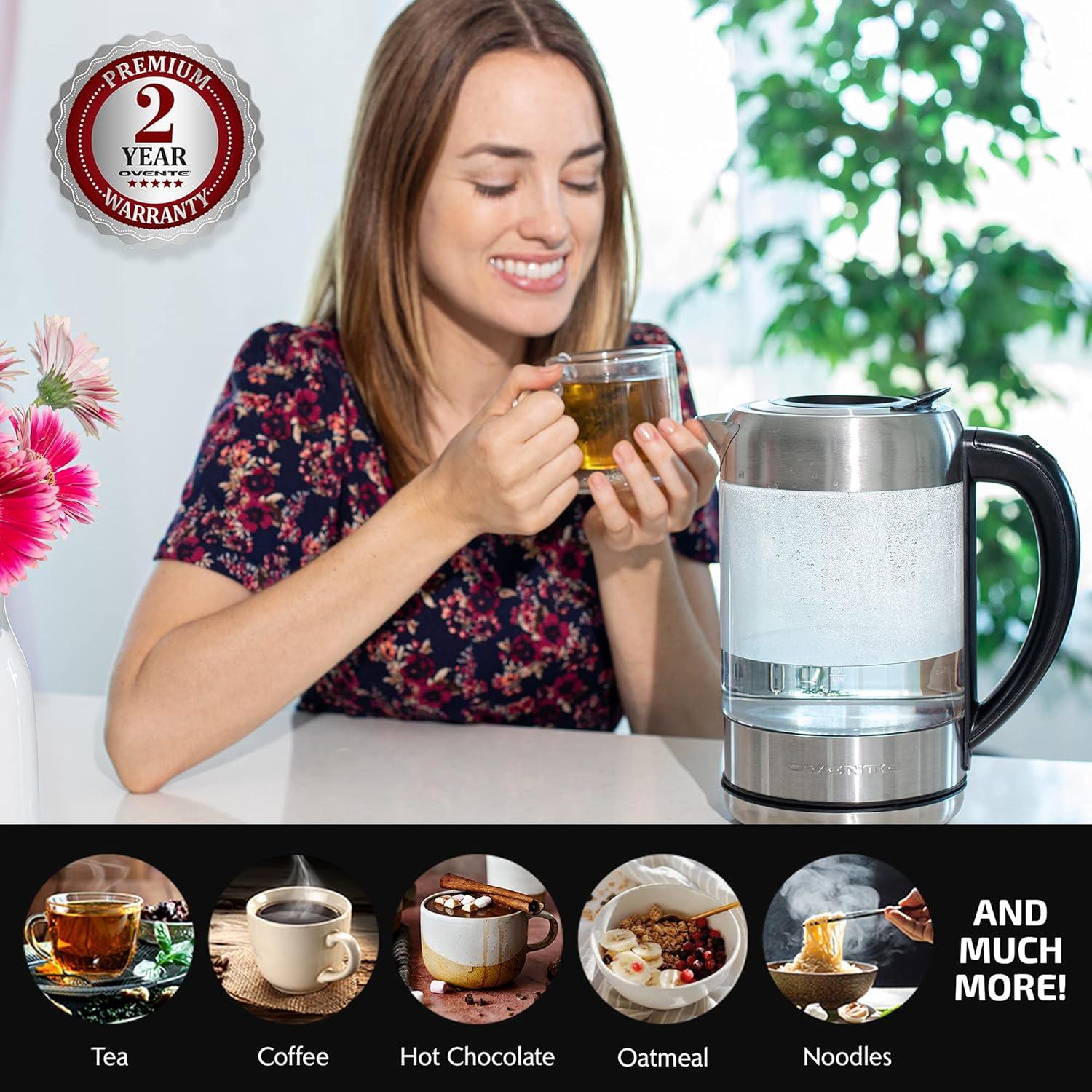imageOVENTE Electric Kettle with 17L Borosilicate Glass 1500W Instant Water Boiler and Heater for Coffee or Tea BPA Free Easy to Fill Lid Auto ShutOff and Boil Dry Protection Silver KG612S17L Silver