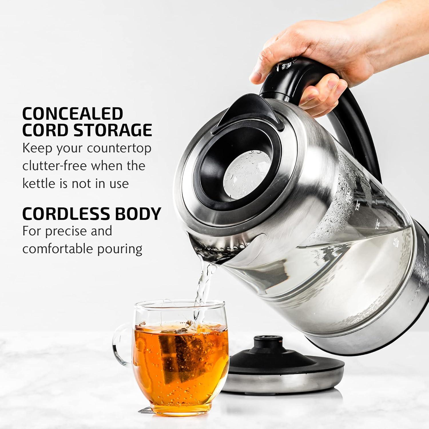 imageOVENTE Electric Kettle with 17L Borosilicate Glass 1500W Instant Water Boiler and Heater for Coffee or Tea BPA Free Easy to Fill Lid Auto ShutOff and Boil Dry Protection Silver KG612SSilver
