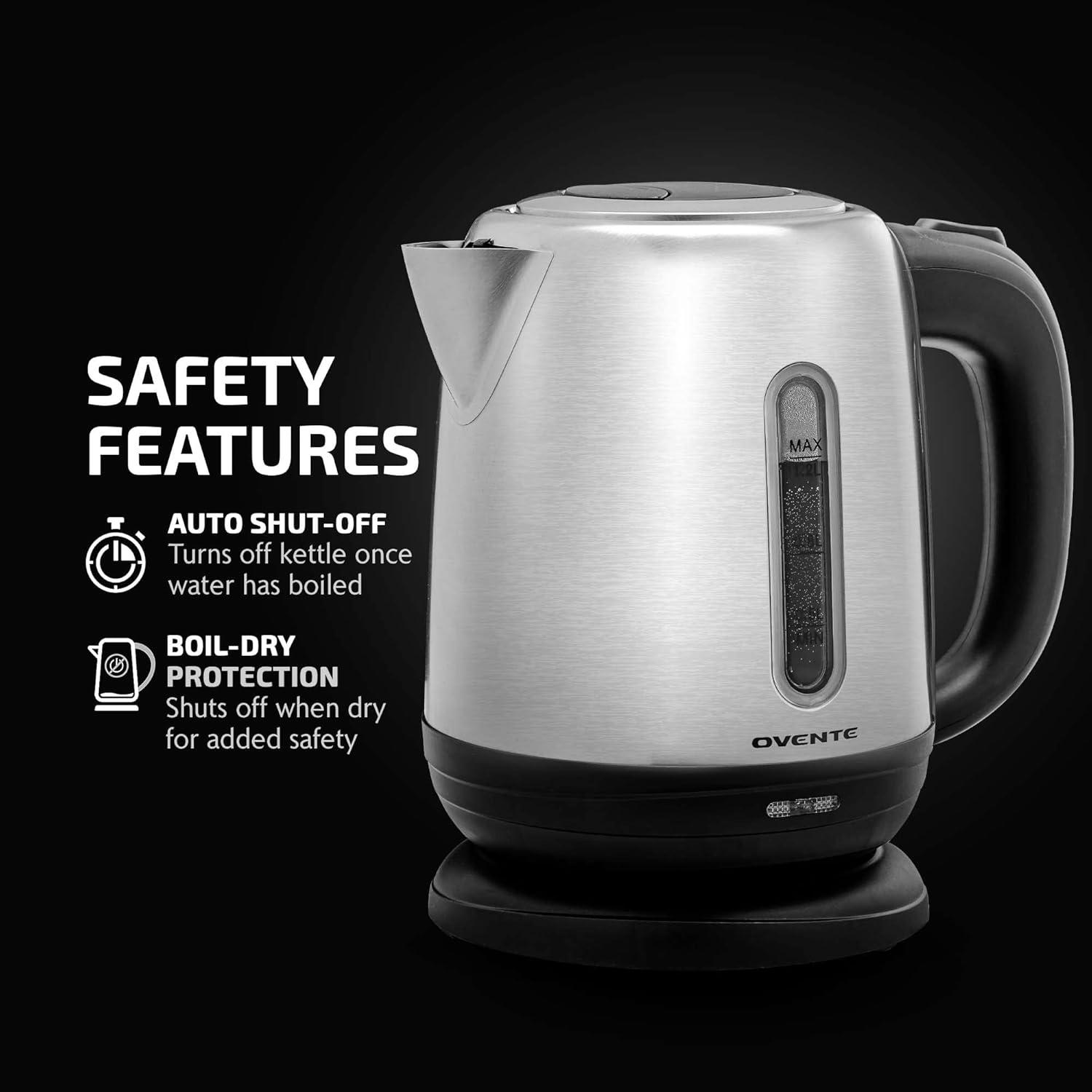 imageOVENTE Electric Tea Kettle Stainless Steel 12 Liter Portable Instant Water Boiler Heater 1100W Power Fast Boiling with Cordless Body and Automatic Shut Off for Coffee Milk Chocolate Silver KS22S