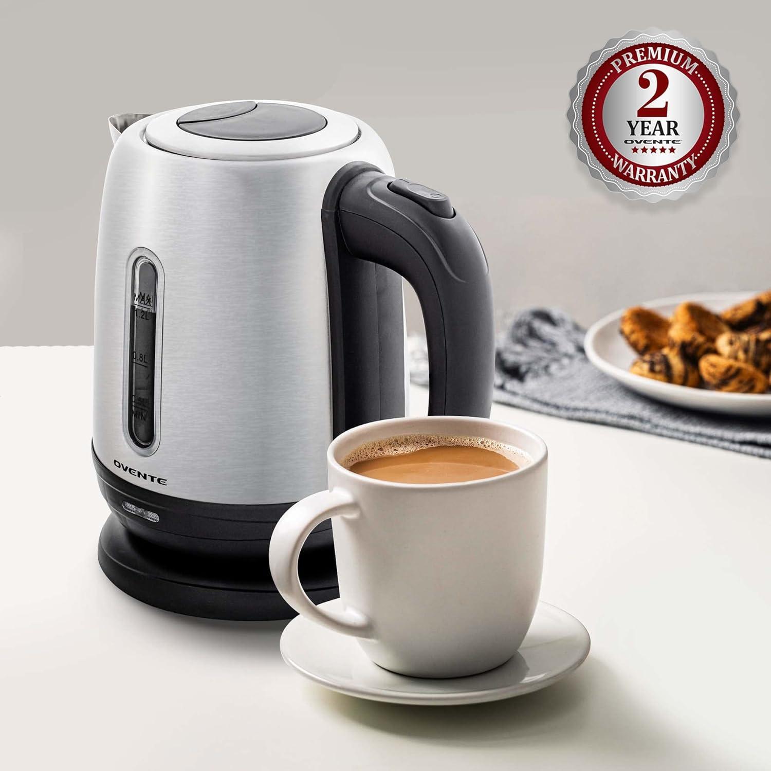 imageOVENTE Electric Tea Kettle Stainless Steel 12 Liter Portable Instant Water Boiler Heater 1100W Power Fast Boiling with Cordless Body and Automatic Shut Off for Coffee Milk Chocolate Silver KS22S
