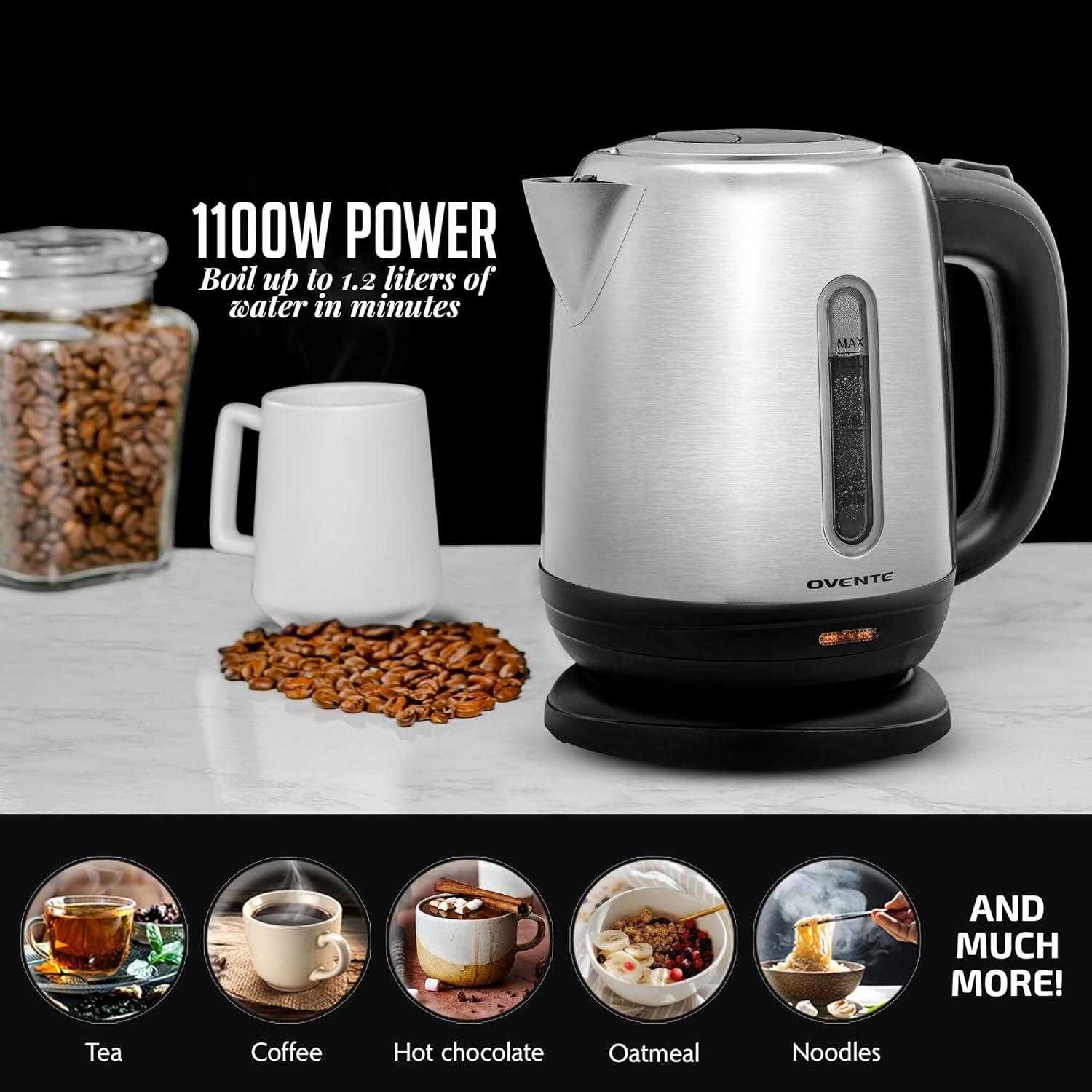 imageOVENTE Electric Tea Kettle Stainless Steel 12 Liter Portable Instant Water Boiler Heater 1100W Power Fast Boiling with Cordless Body and Automatic Shut Off for Coffee Milk Chocolate Silver KS22S