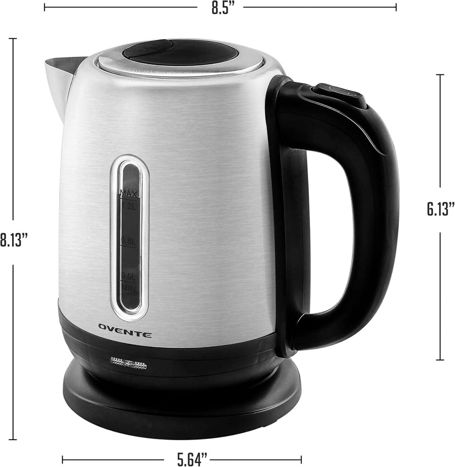 imageOVENTE Electric Tea Kettle Stainless Steel 12 Liter Portable Instant Water Boiler Heater 1100W Power Fast Boiling with Cordless Body and Automatic Shut Off for Coffee Milk Chocolate Silver KS22S