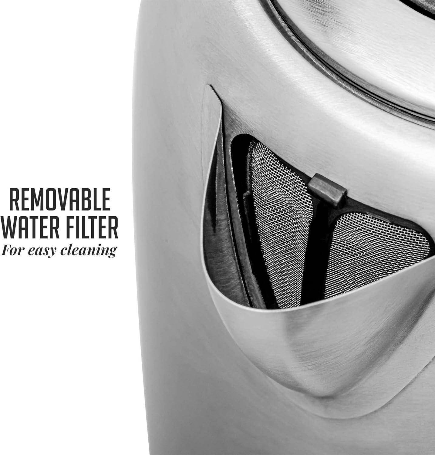 imageOVENTE Electric Tea Kettle Stainless Steel 17 Liter Portable Instant Water Boiler Heater 1100W Power Fast Boiling with Cordless Body and Automatic Shut Off for Coffee Milk Chocolate Silver KS27S
