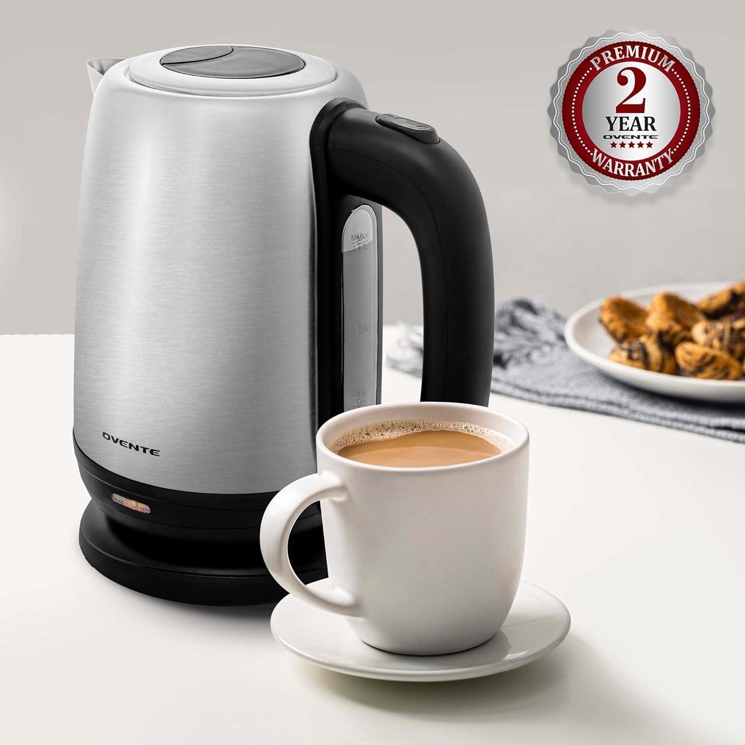 imageOVENTE Electric Tea Kettle Stainless Steel 17 Liter Portable Instant Water Boiler Heater 1100W Power Fast Boiling with Cordless Body and Automatic Shut Off for Coffee Milk Chocolate Silver KS27S