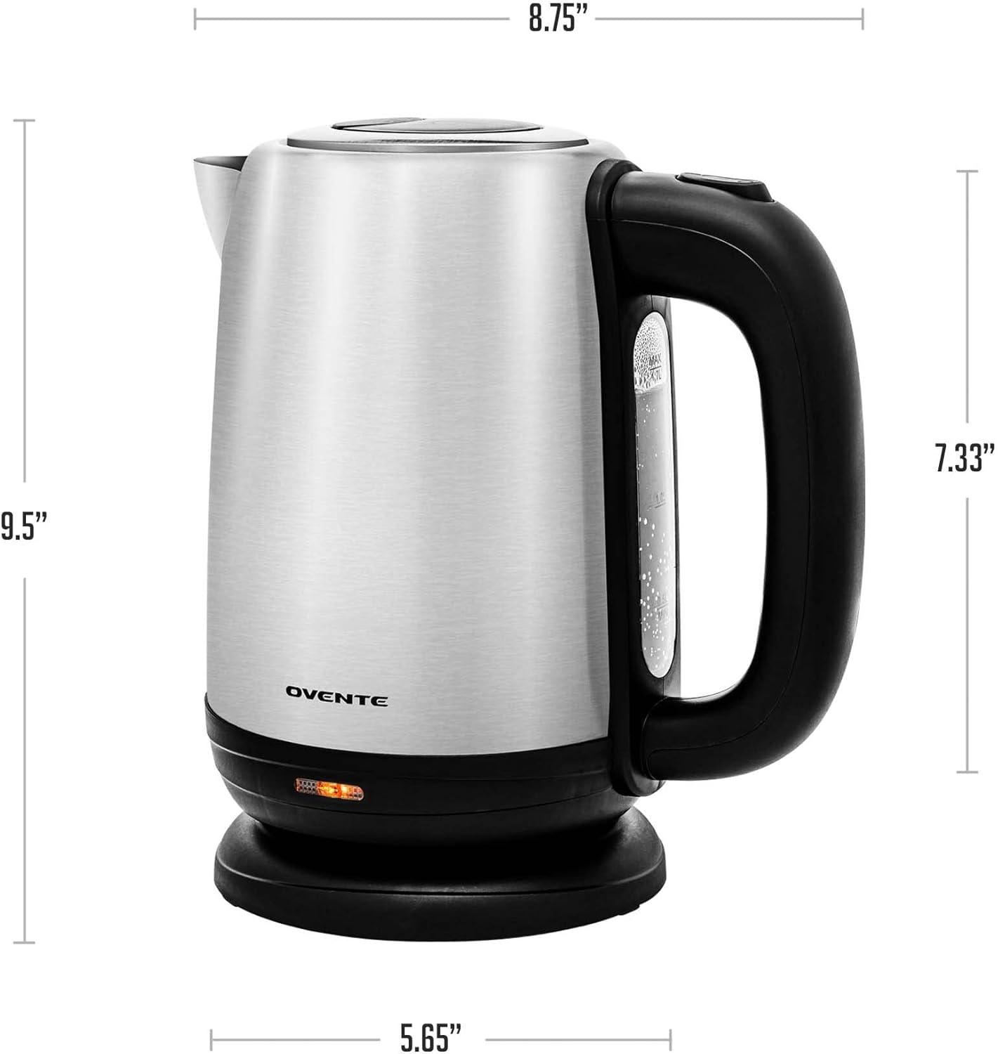 imageOVENTE Electric Tea Kettle Stainless Steel 17 Liter Portable Instant Water Boiler Heater 1100W Power Fast Boiling with Cordless Body and Automatic Shut Off for Coffee Milk Chocolate Silver KS27S