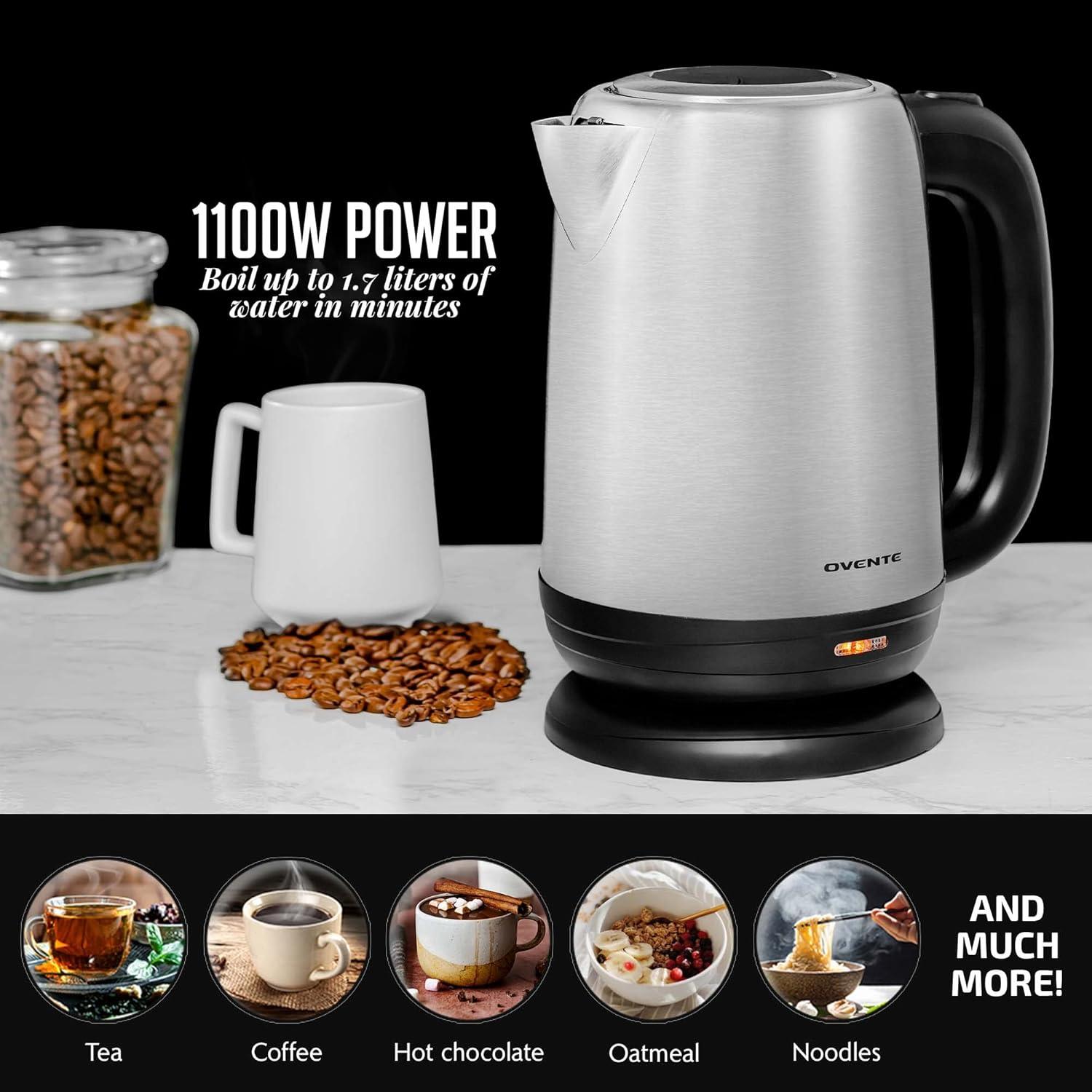 imageOVENTE Electric Tea Kettle Stainless Steel 17 Liter Portable Instant Water Boiler Heater 1100W Power Fast Boiling with Cordless Body and Automatic Shut Off for Coffee Milk Chocolate Silver KS27S