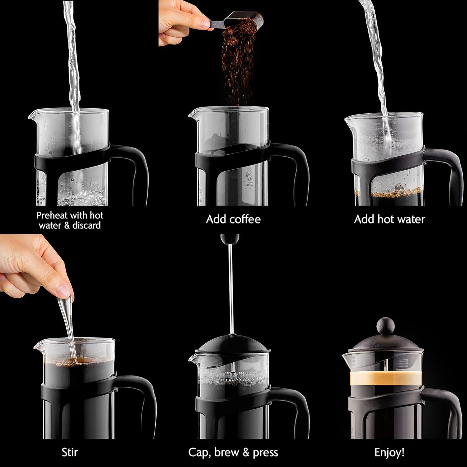 imageOVENTE French Press Coffee Maker 12 Ounce with Heat Resistant Borosilicate Glass amp Stainless Steel 4Level Filtration System Portable Cold Brew Coffee Maker for Travel Camping or Gift Black FPT12BBlack 12 Ounce