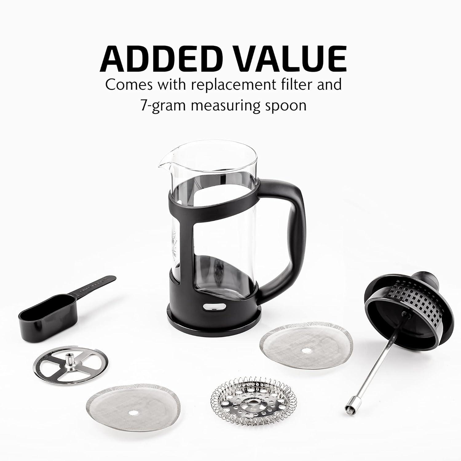 imageOVENTE French Press Coffee Maker 12 Ounce with Heat Resistant Borosilicate Glass amp Stainless Steel 4Level Filtration System Portable Cold Brew Coffee Maker for Travel Camping or Gift Black FPT12BBlack 12 Ounce