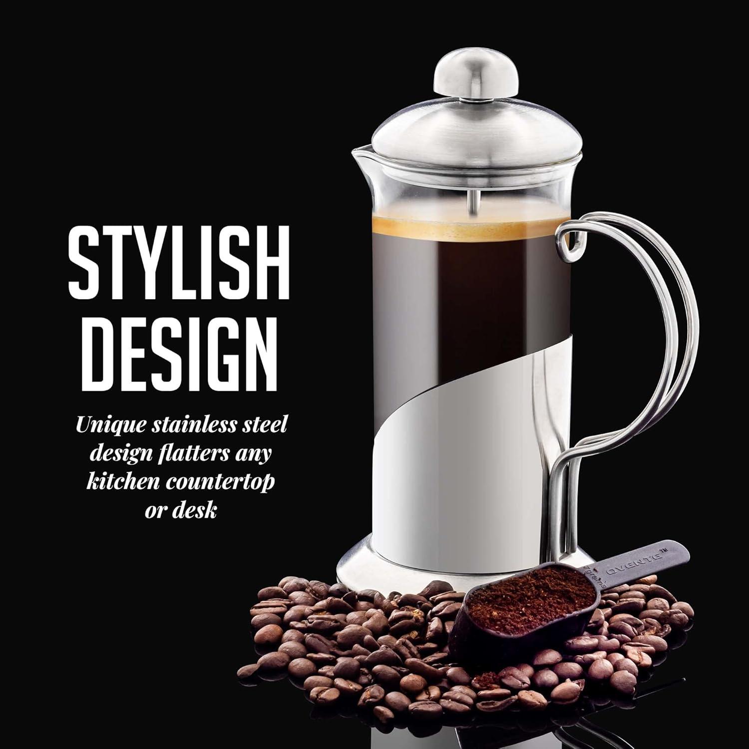 imageOVENTE French Press Coffee Maker 20 Ounce with Heat Resistant Borosilicate Glass Stainless Steel Design and 4Level Filter System Portable Cold Brewer Pot for Travel Camping or Gift Silver FSL20S12 Ounce