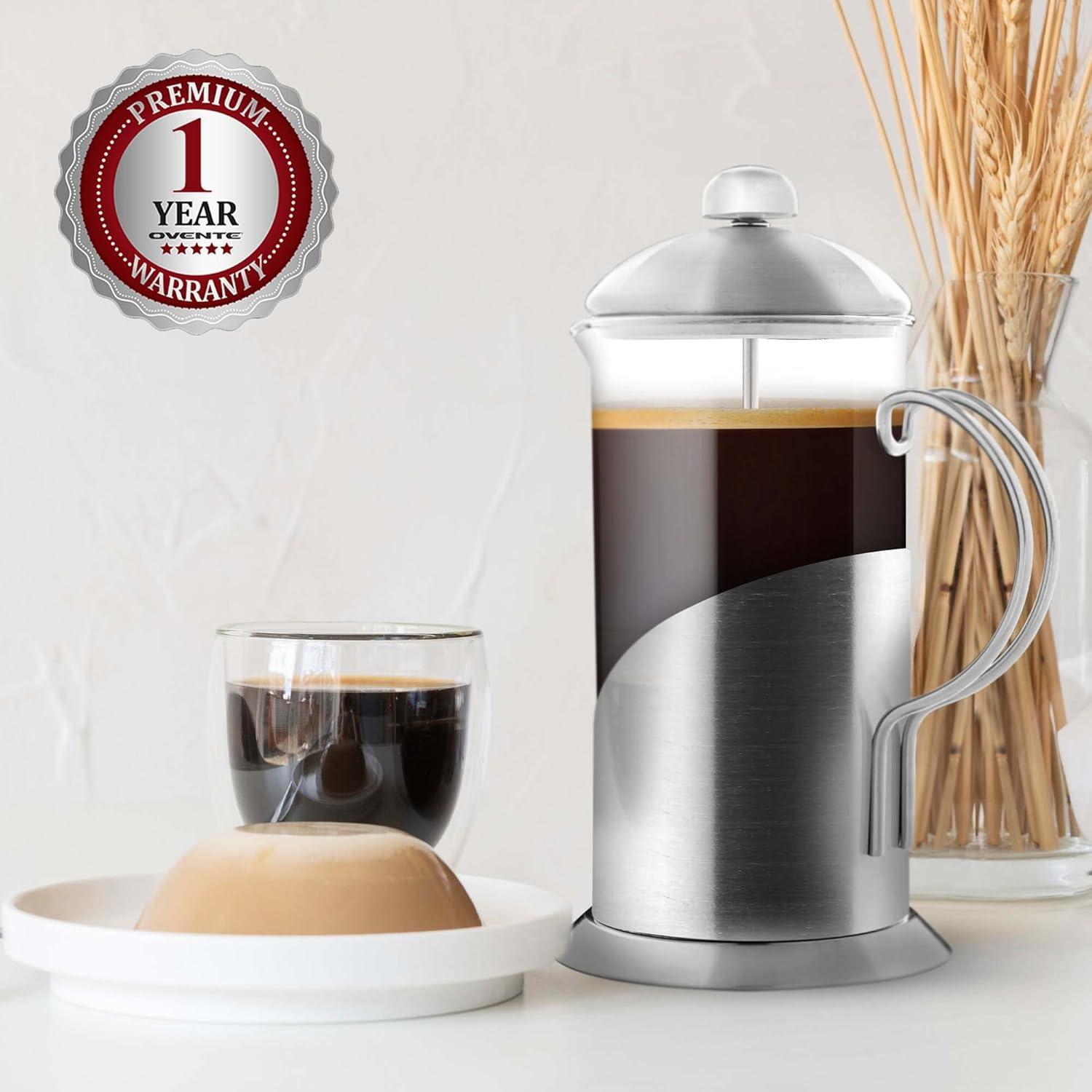 imageOVENTE French Press Coffee Maker 20 Ounce with Heat Resistant Borosilicate Glass Stainless Steel Design and 4Level Filter System Portable Cold Brewer Pot for Travel Camping or Gift Silver FSL20S20 Ounce
