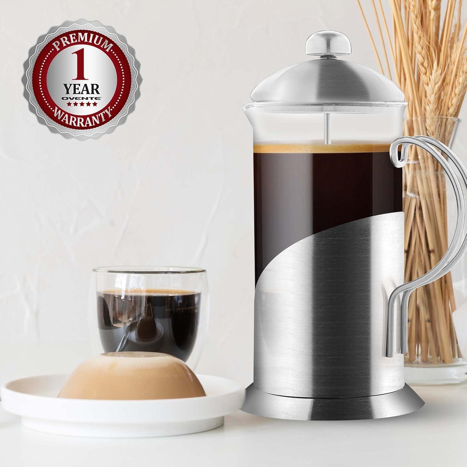 imageOVENTE French Press Coffee Maker 20 Ounce with Heat Resistant Borosilicate Glass Stainless Steel Design and 4Level Filter System Portable Cold Brewer Pot for Travel Camping or Gift Silver FSL20S34 Ounce