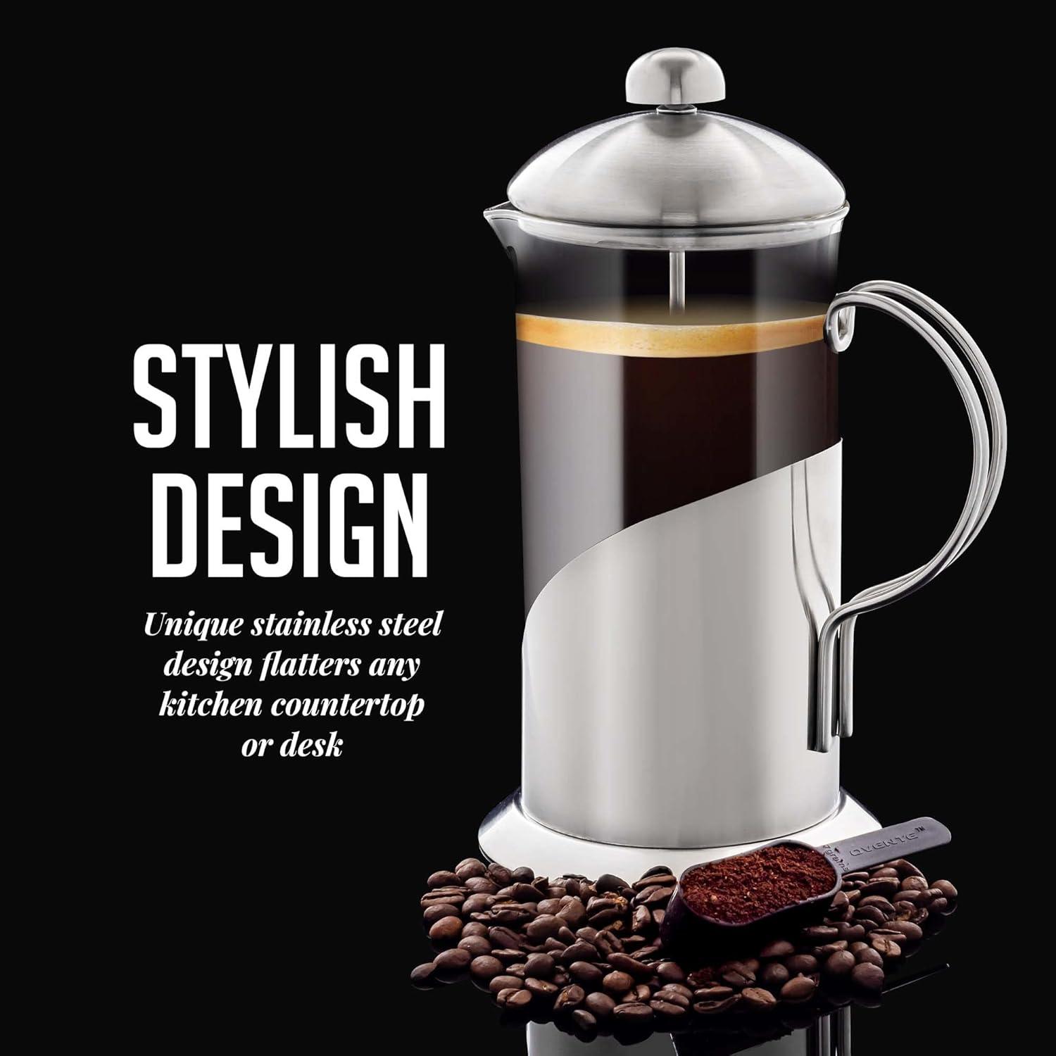 imageOVENTE French Press Coffee Maker 20 Ounce with Heat Resistant Borosilicate Glass Stainless Steel Design and 4Level Filter System Portable Cold Brewer Pot for Travel Camping or Gift Silver FSL20S34 Ounce