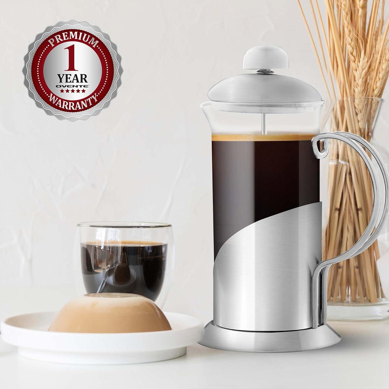 imageOVENTE French Press Coffee Maker 20 Ounce with Heat Resistant Borosilicate Glass Stainless Steel Design and 4Level Filter System Portable Cold Brewer Pot for Travel Camping or Gift Silver FSL20S12 Ounce