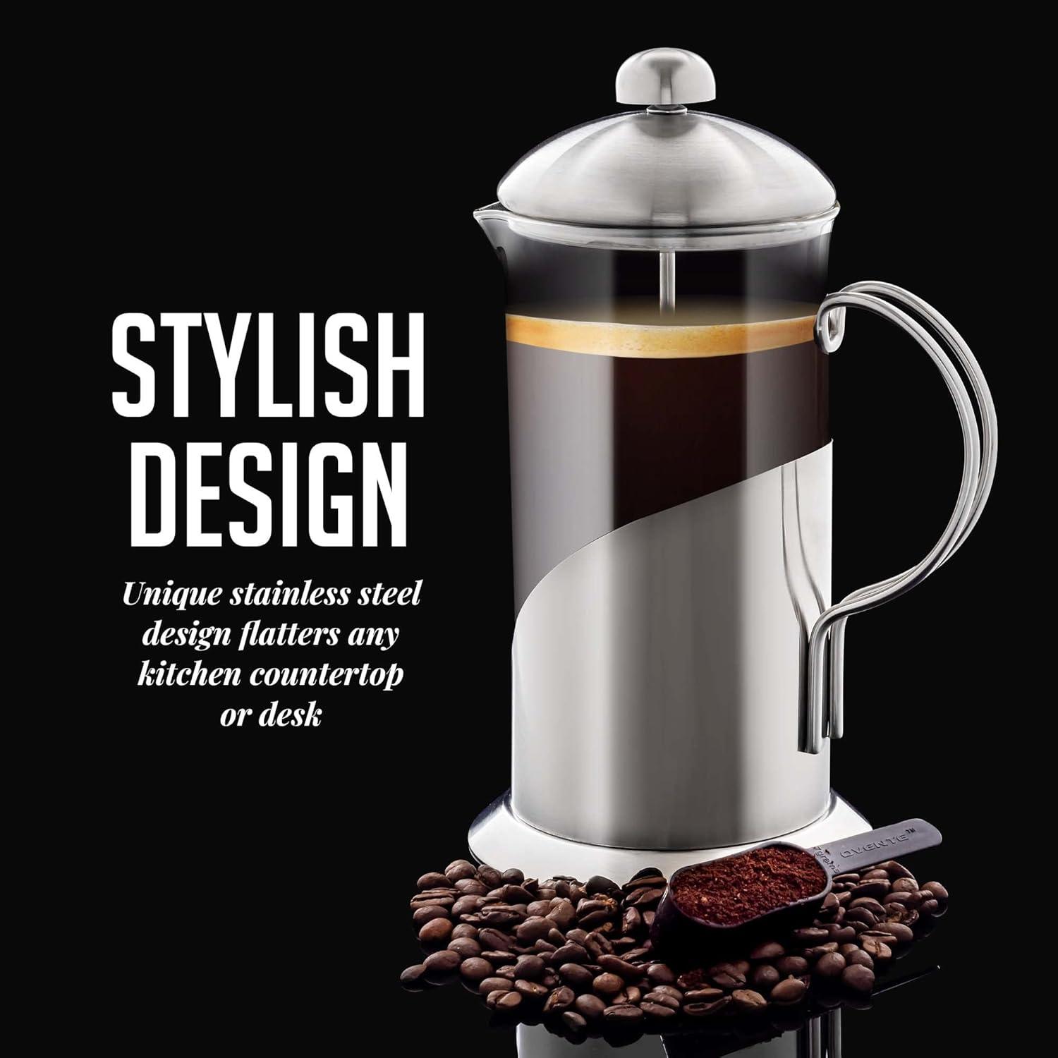 imageOVENTE French Press Coffee Maker 20 Ounce with Heat Resistant Borosilicate Glass Stainless Steel Design and 4Level Filter System Portable Cold Brewer Pot for Travel Camping or Gift Silver FSL20S20 Ounce