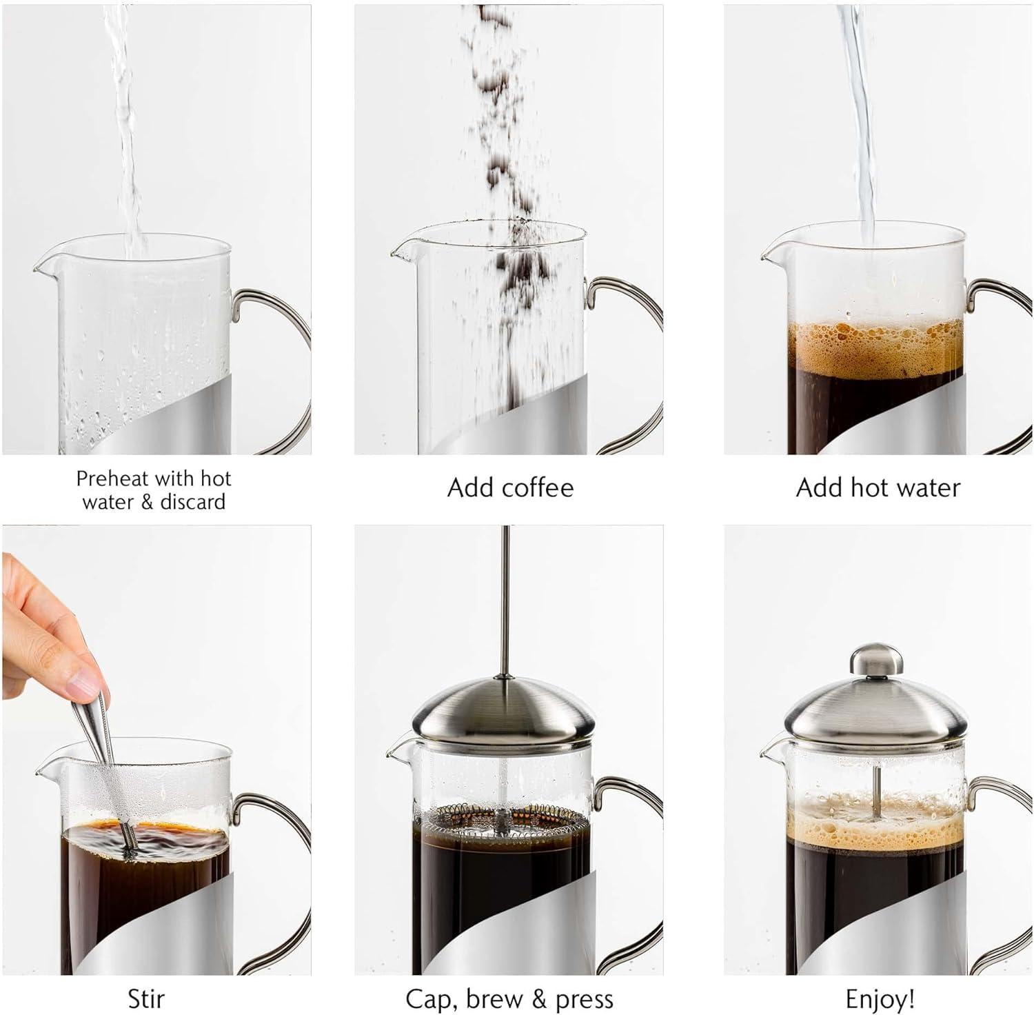 imageOVENTE French Press Coffee Maker 20 Ounce with Heat Resistant Borosilicate Glass Stainless Steel Design and 4Level Filter System Portable Cold Brewer Pot for Travel Camping or Gift Silver FSL20S20 Ounce