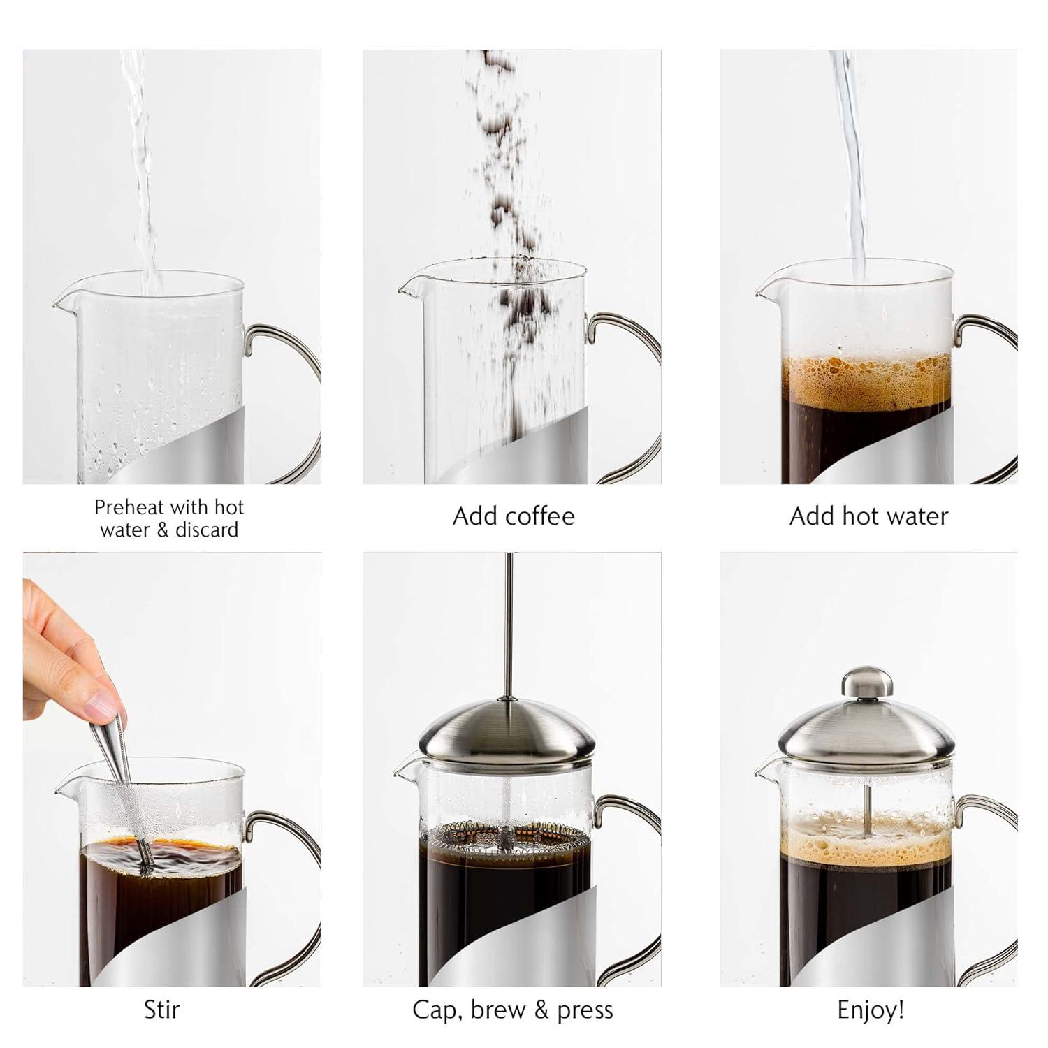 imageOVENTE French Press Coffee Maker 20 Ounce with Heat Resistant Borosilicate Glass Stainless Steel Design and 4Level Filter System Portable Cold Brewer Pot for Travel Camping or Gift Silver FSL20S34 Ounce