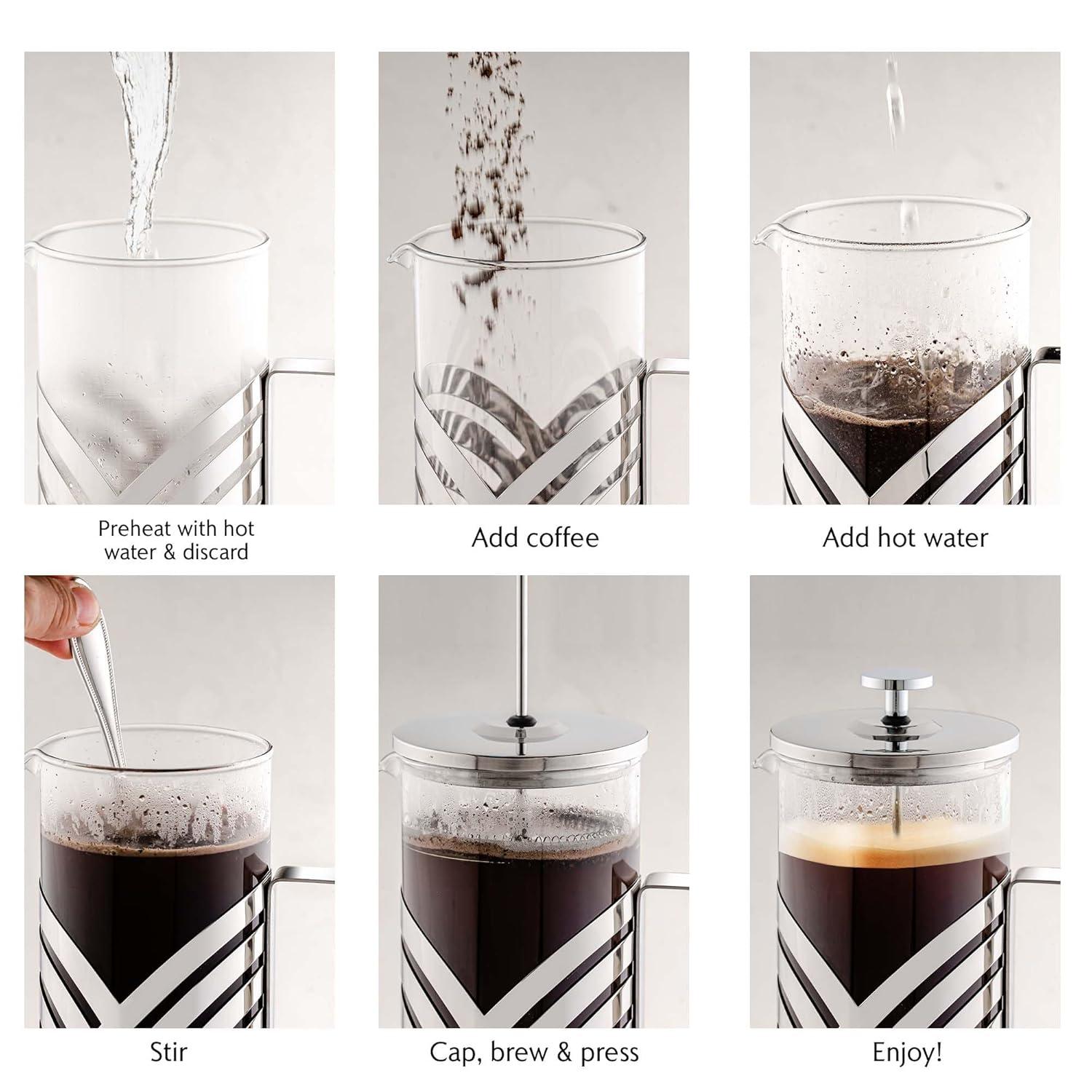 imageOVENTE French Press Coffee Maker 27 Ounce with Heat Resistant Borosilicate Glass Stainless Steel Design and 4Level Filter System Portable Cold Brewer Pot for Travel Camping or Gift Silver FSD27P27 Ounce