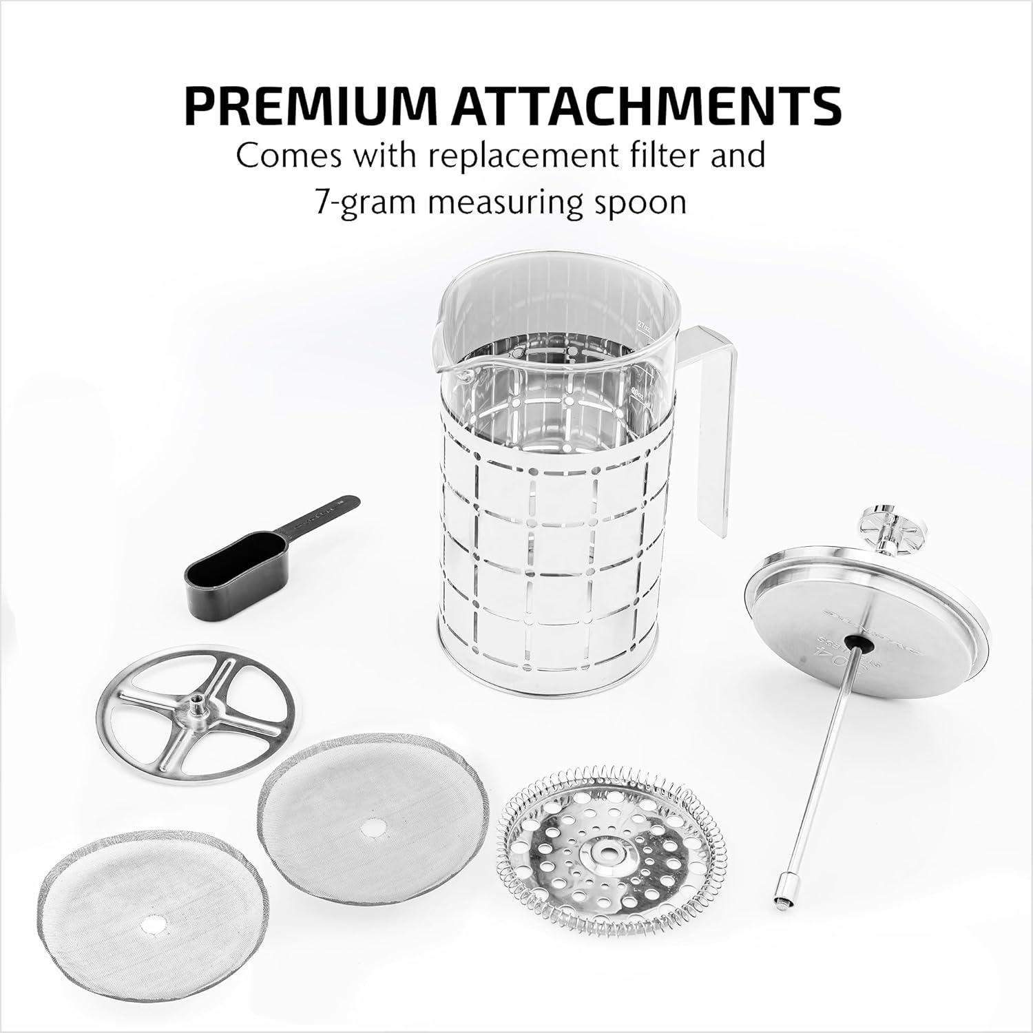 imageOVENTE French Press Coffee Maker 27 Ounce with Heat Resistant Borosilicate Glass Stainless Steel Design and 4Level Filter System Portable Cold Brewer Pot for Travel Camping or Gift Silver FSS27P27 Ounce