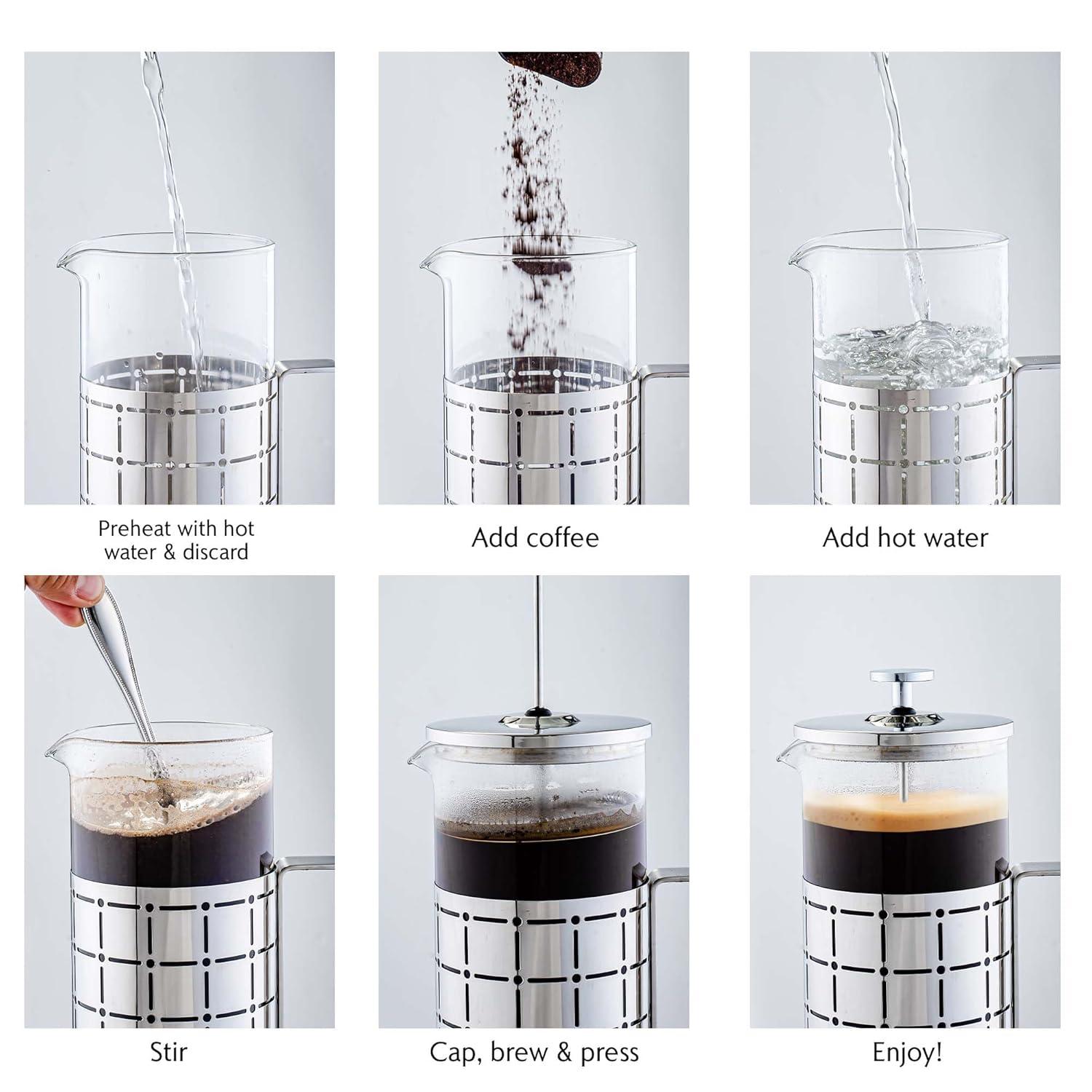 imageOVENTE French Press Coffee Maker 27 Ounce with Heat Resistant Borosilicate Glass Stainless Steel Design and 4Level Filter System Portable Cold Brewer Pot for Travel Camping or Gift Silver FSS27P27 Ounce