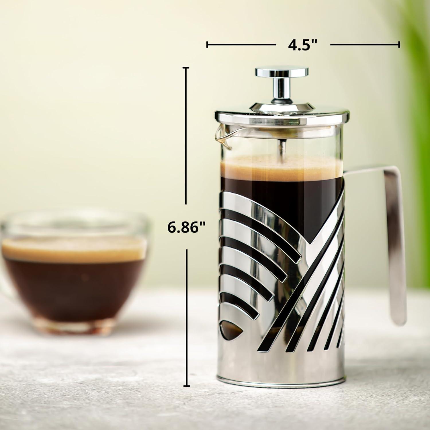 imageOVENTE French Press Coffee Maker 27 Ounce with Heat Resistant Borosilicate Glass Stainless Steel Design and 4Level Filter System Portable Cold Brewer Pot for Travel Camping or Gift Silver FSD27P12 Ounce