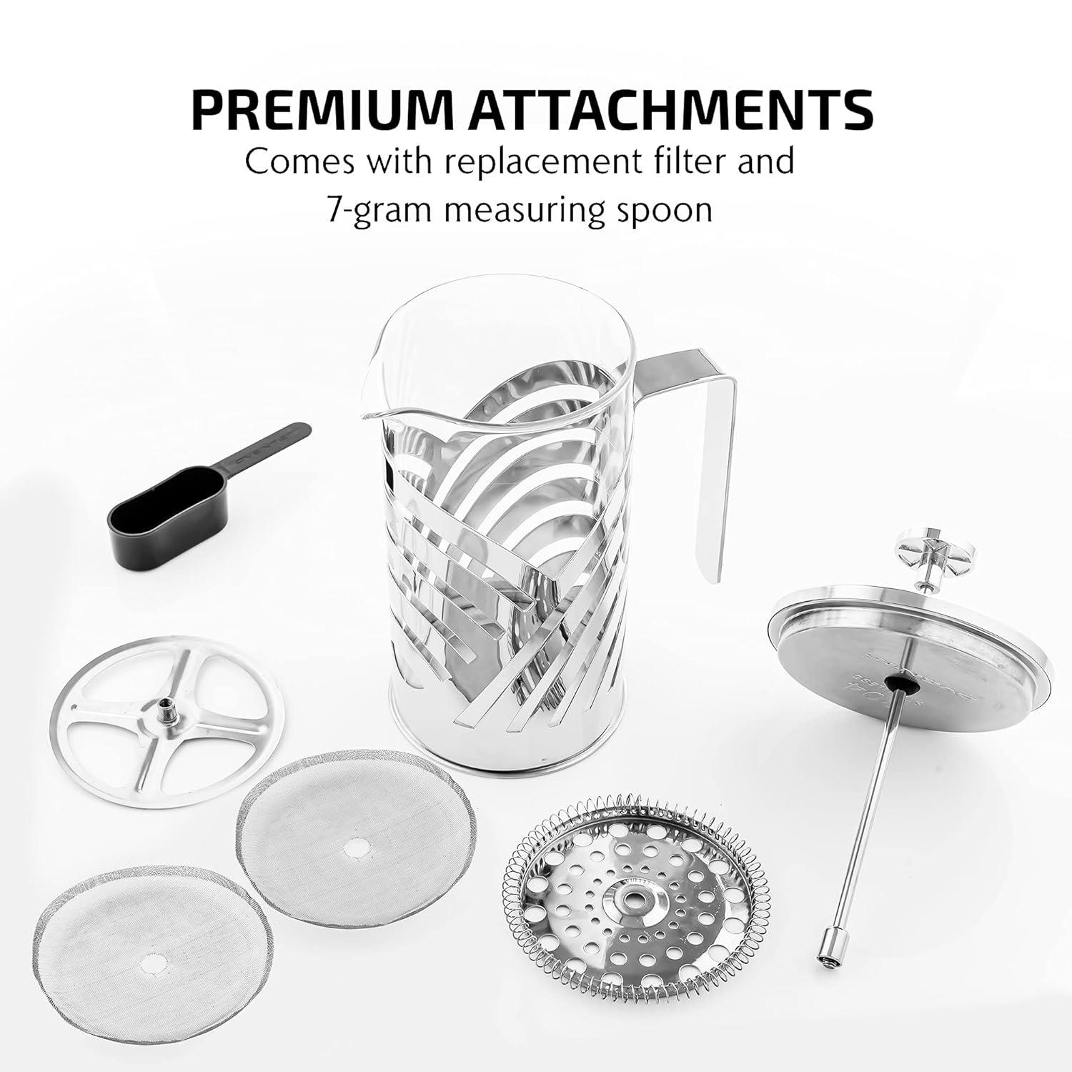 imageOVENTE French Press Coffee Maker 27 Ounce with Heat Resistant Borosilicate Glass Stainless Steel Design and 4Level Filter System Portable Cold Brewer Pot for Travel Camping or Gift Silver FSD27P20 Ounce