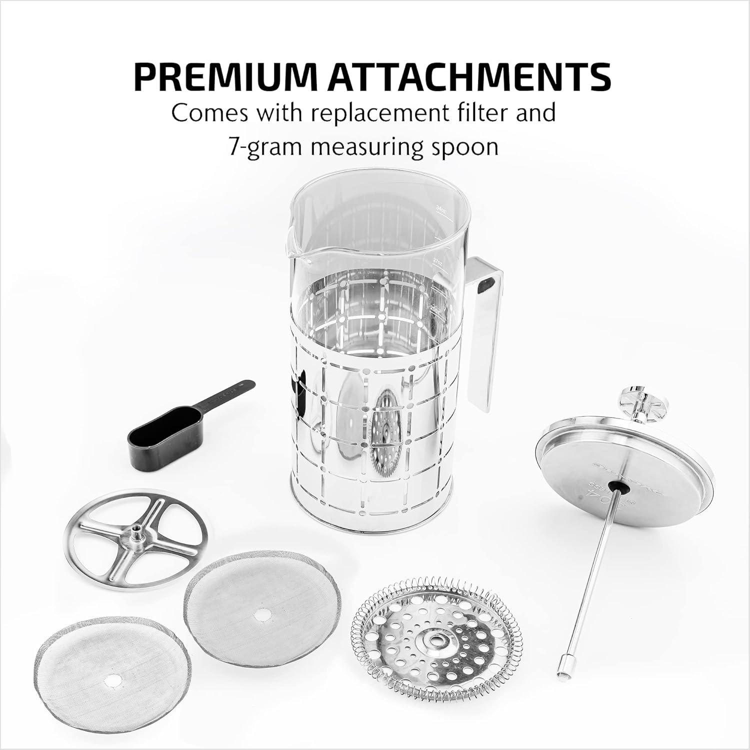 imageOVENTE French Press Coffee Maker 27 Ounce with Heat Resistant Borosilicate Glass Stainless Steel Design and 4Level Filter System Portable Cold Brewer Pot for Travel Camping or Gift Silver FSS27P34 Ounce