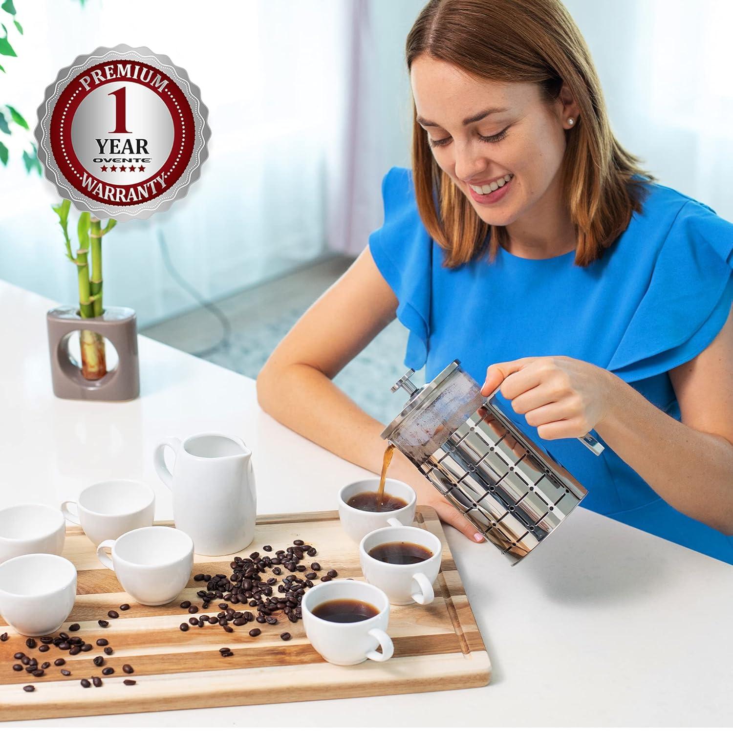 imageOVENTE French Press Coffee Maker 27 Ounce with Heat Resistant Borosilicate Glass Stainless Steel Design and 4Level Filter System Portable Cold Brewer Pot for Travel Camping or Gift Silver FSS27P27 Ounce