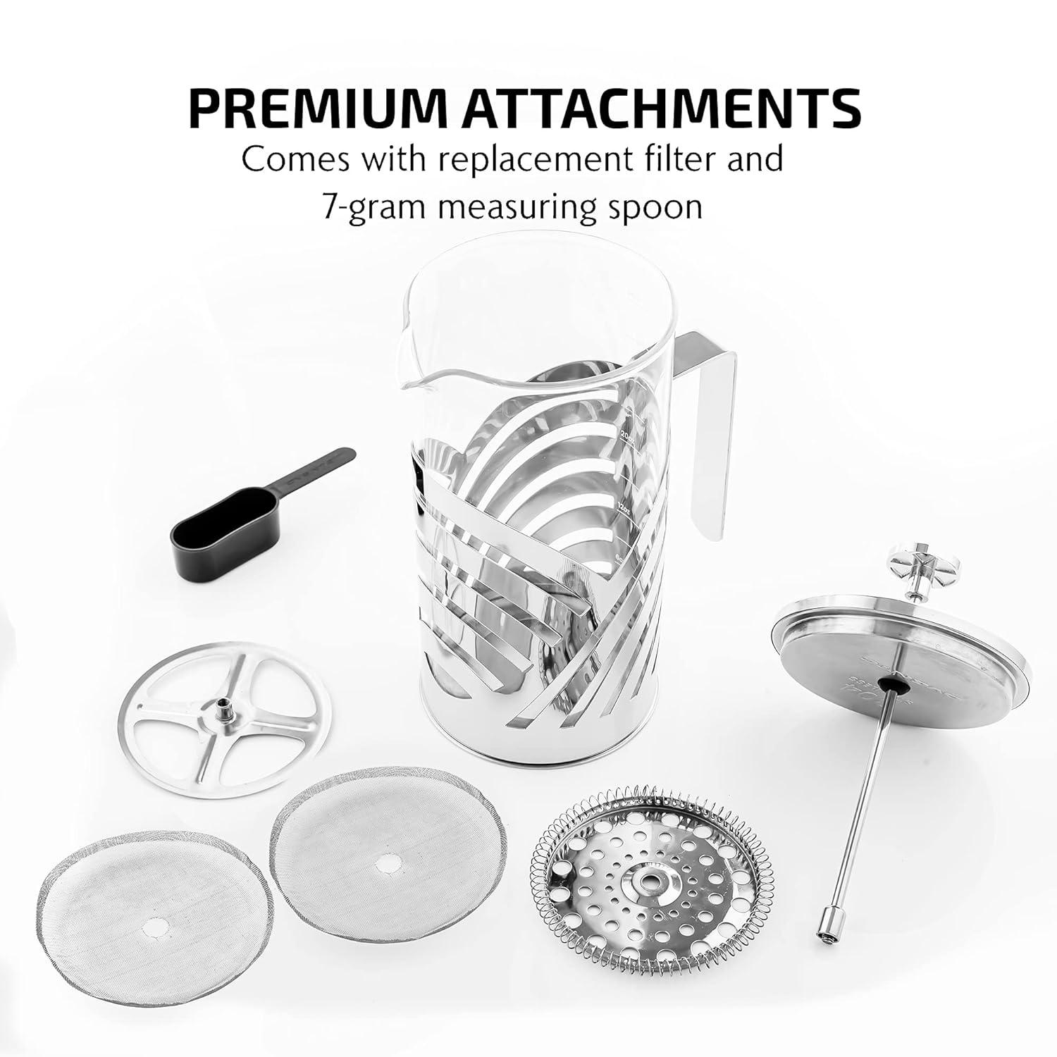 imageOVENTE French Press Coffee Maker 27 Ounce with Heat Resistant Borosilicate Glass Stainless Steel Design and 4Level Filter System Portable Cold Brewer Pot for Travel Camping or Gift Silver FSD27P34 Ounce