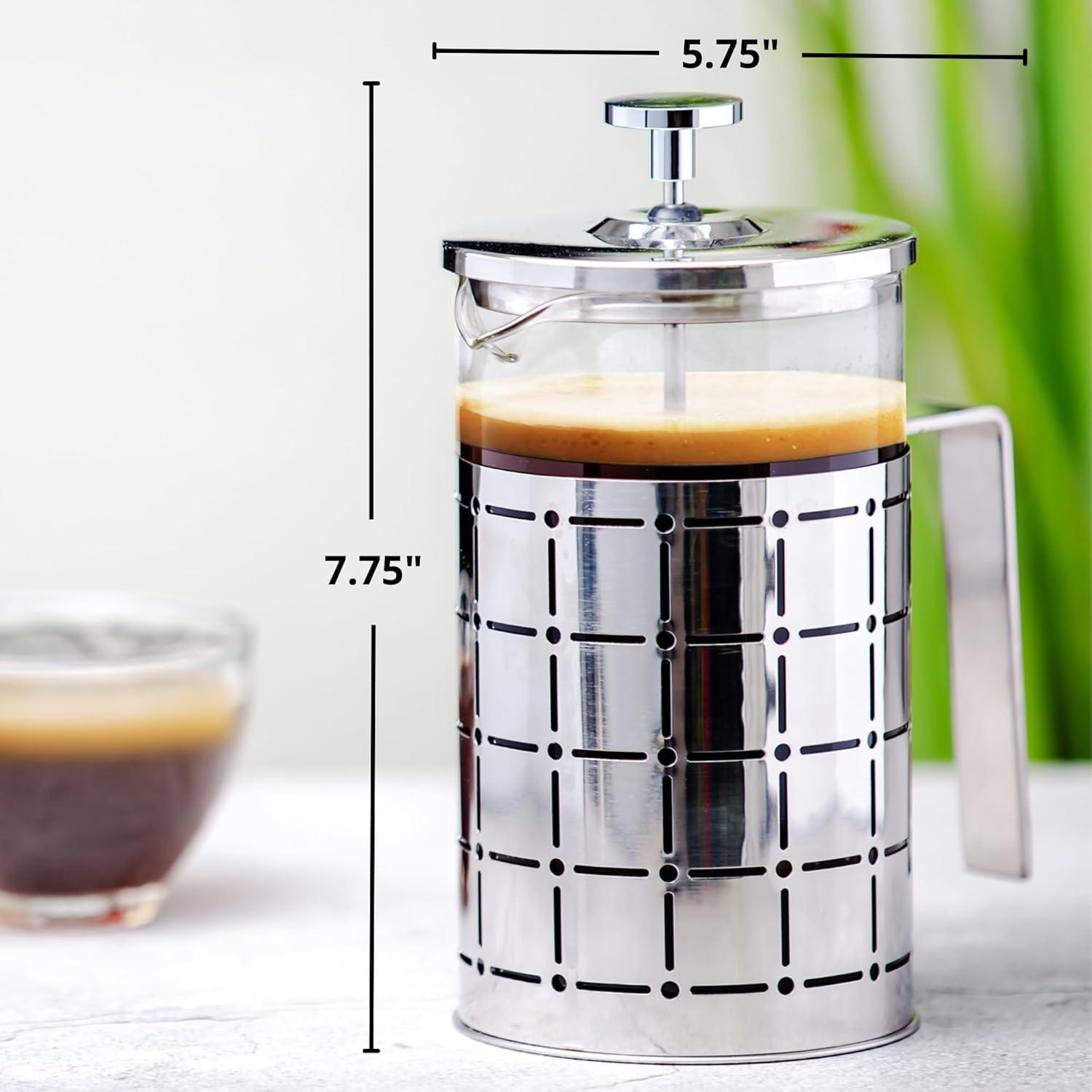 imageOVENTE French Press Coffee Maker 27 Ounce with Heat Resistant Borosilicate Glass Stainless Steel Design and 4Level Filter System Portable Cold Brewer Pot for Travel Camping or Gift Silver FSS27P27 Ounce