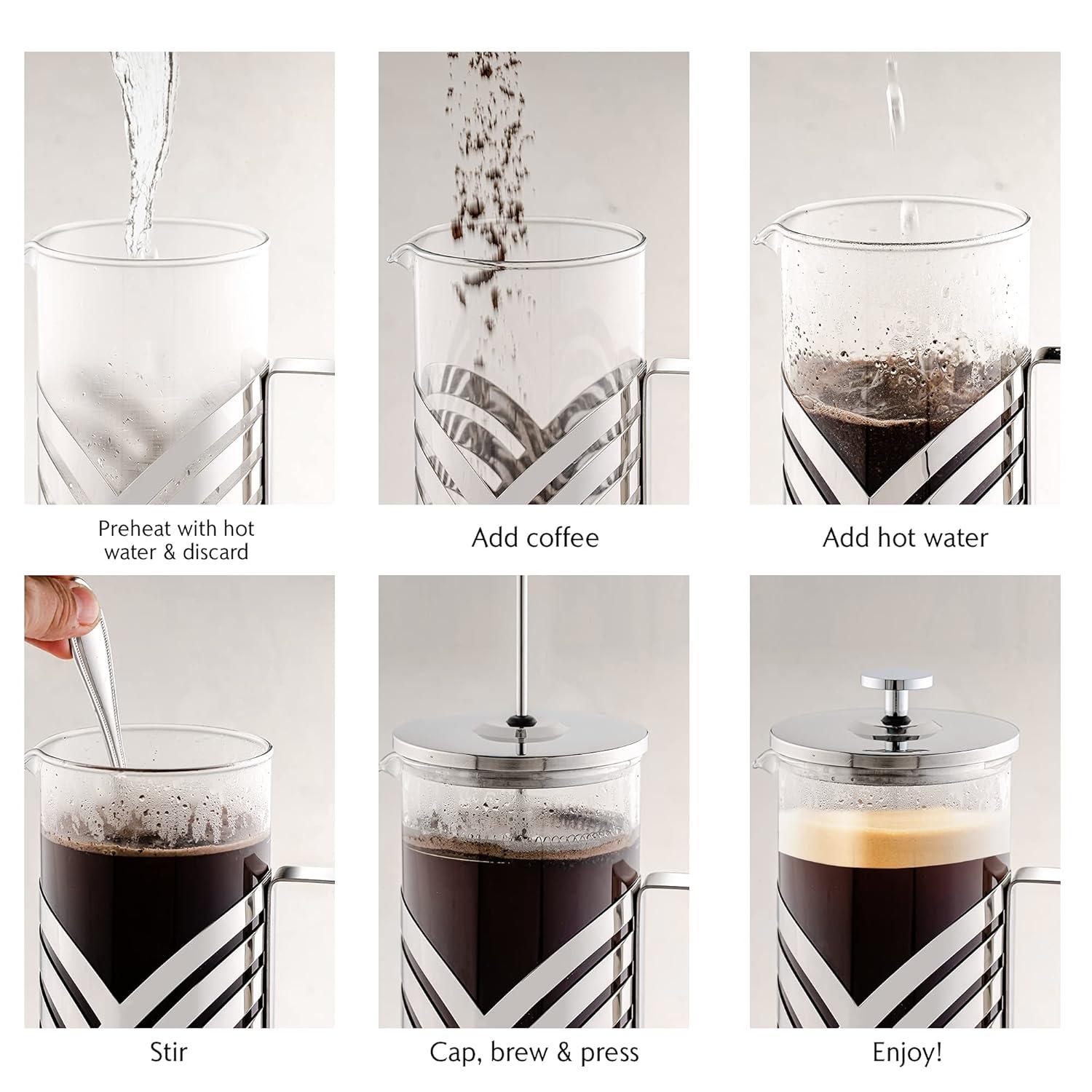 imageOVENTE French Press Coffee Maker 27 Ounce with Heat Resistant Borosilicate Glass Stainless Steel Design and 4Level Filter System Portable Cold Brewer Pot for Travel Camping or Gift Silver FSD27P20 Ounce