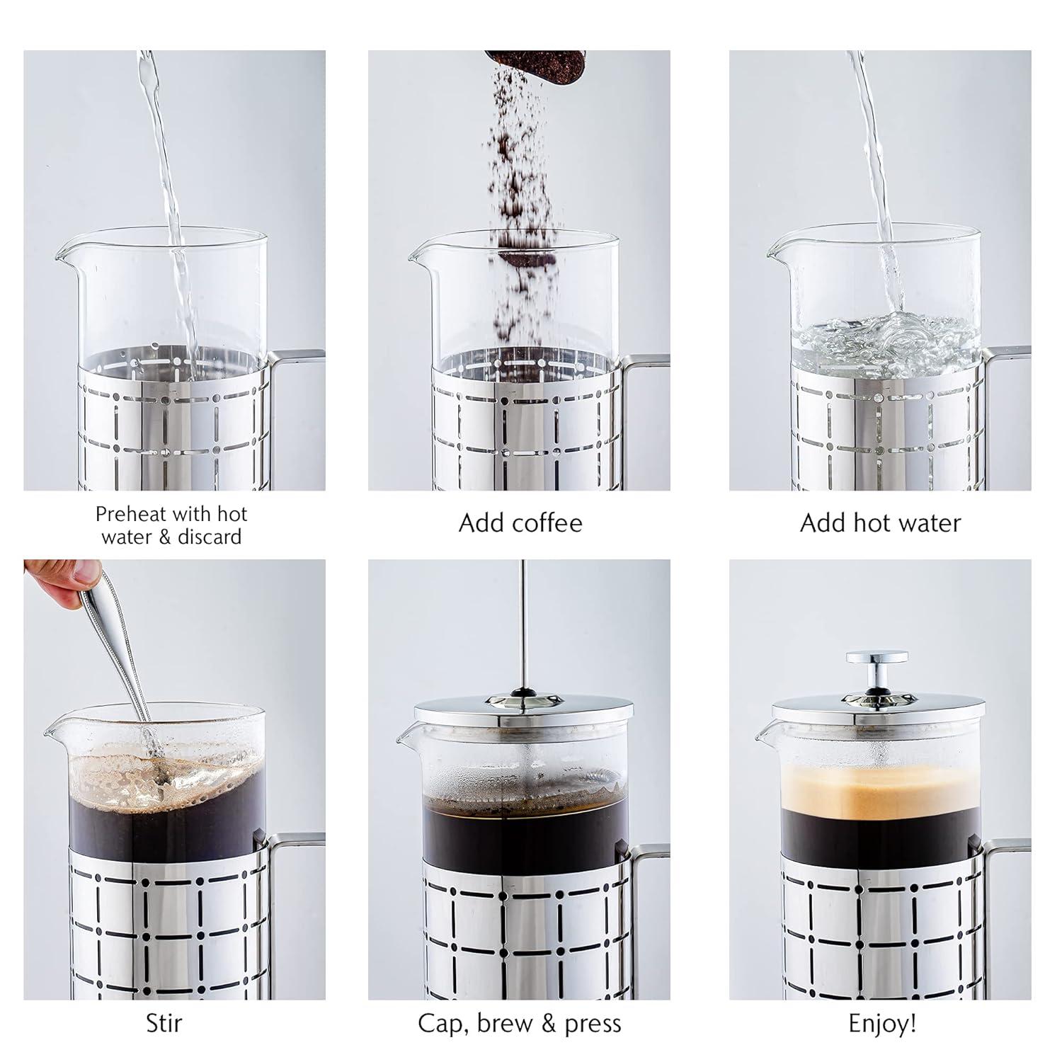 imageOVENTE French Press Coffee Maker 27 Ounce with Heat Resistant Borosilicate Glass Stainless Steel Design and 4Level Filter System Portable Cold Brewer Pot for Travel Camping or Gift Silver FSS27P34 Ounce